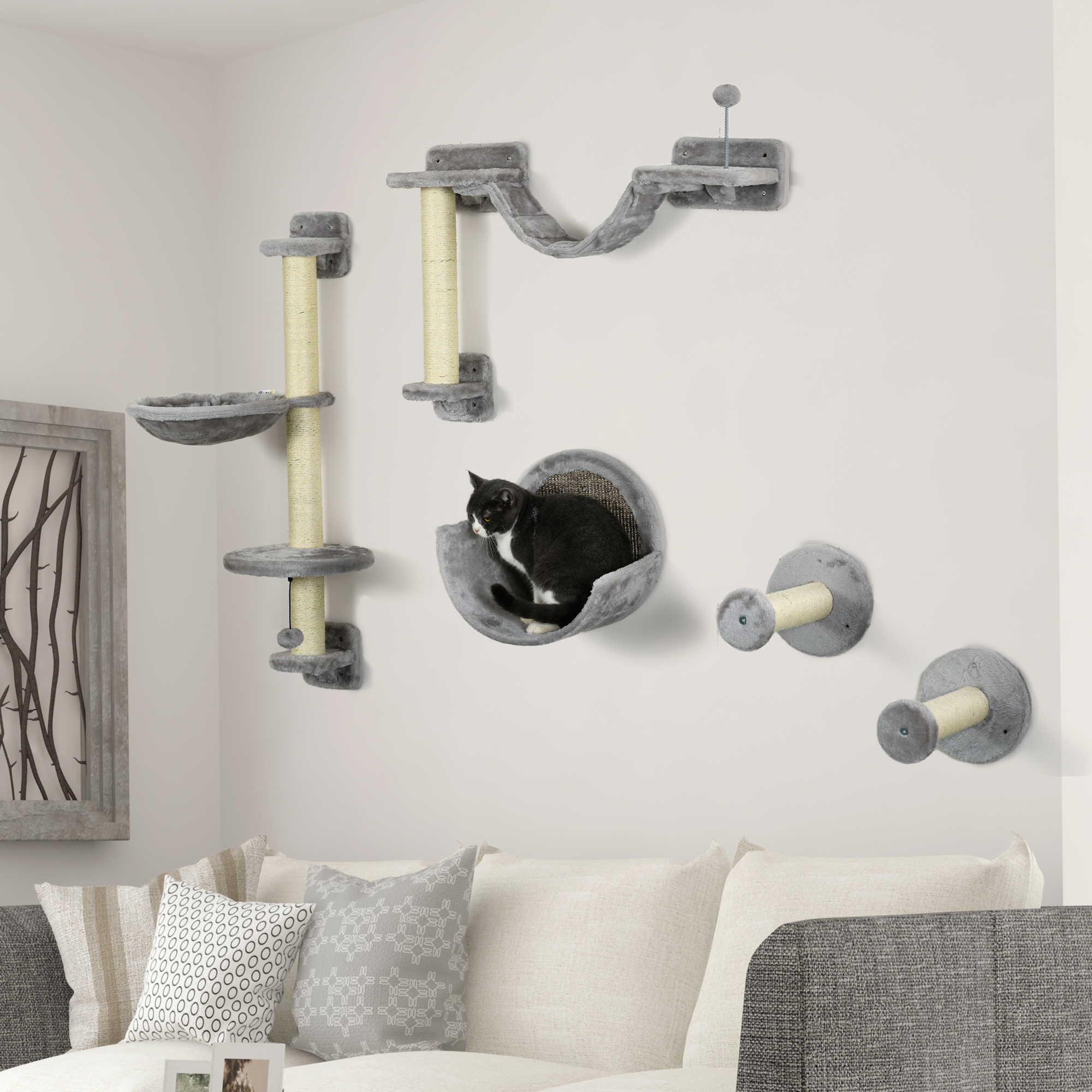 5PCs Cat Wall Shelves with Hammock, Scratching Posts, Perches, Ladder, for Indoor Cats, Light Grey - Image 8