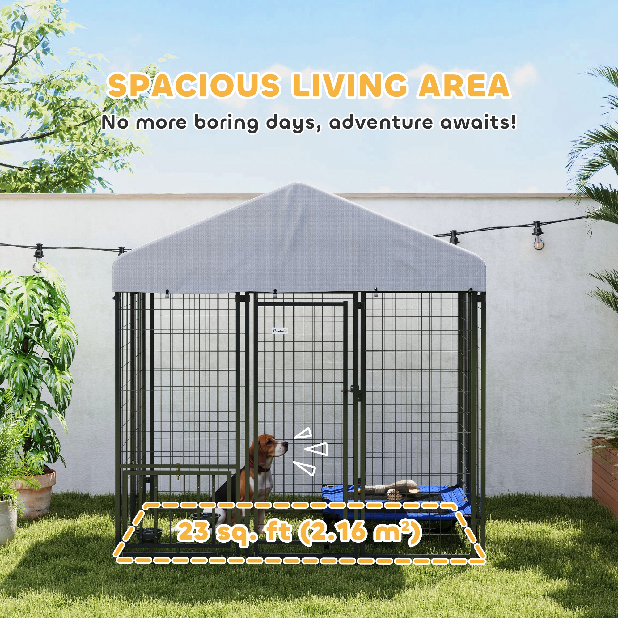 Outdoor Dog Kennel with Waterproof UV-Resistant Cover, Rotating & 4-Level Adjustable Feeding Bowls, 5.9 x 4 x 6 ft