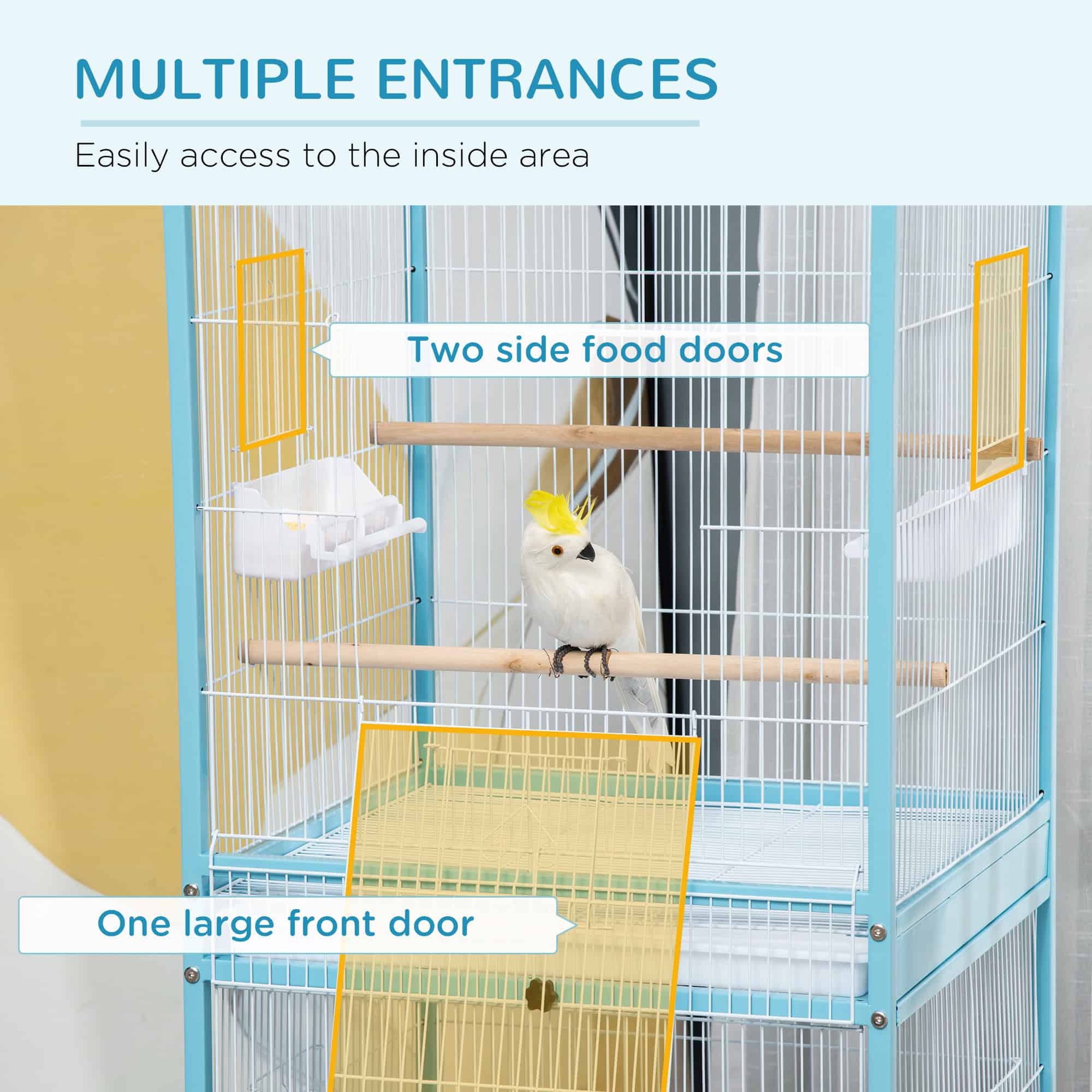 55.1" 2 In 1 Bird Cage Aviary Parakeet House for finches, budgies with Wheels, Slide-out Trays, Wood Perch, Food Containers, Light Blue