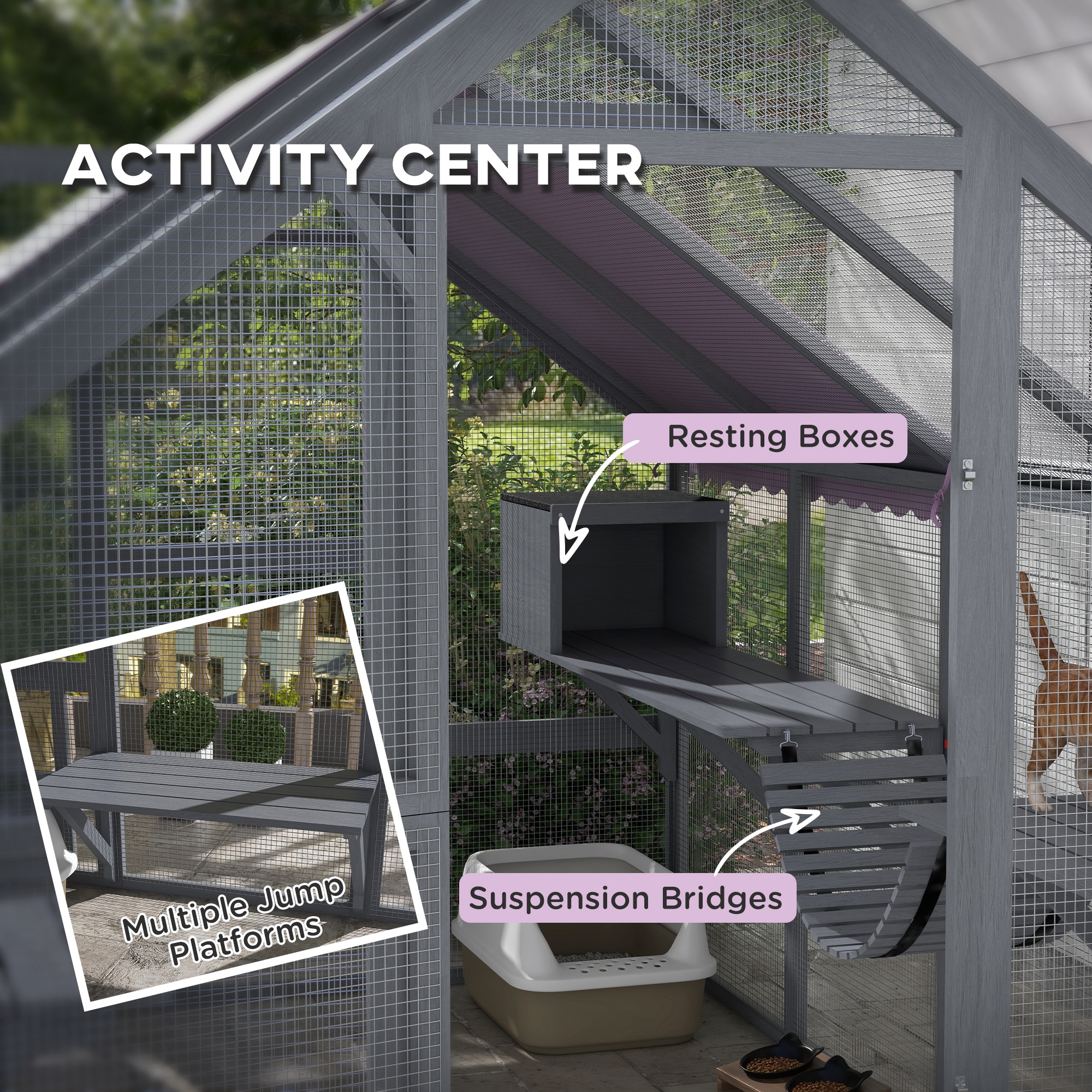 Outdoor Cat Enclosure Wooden Feral Cat House w/ Weatherproof Canopy, Bridges, Resting Boxes, Platforms, for 3-6 Cats