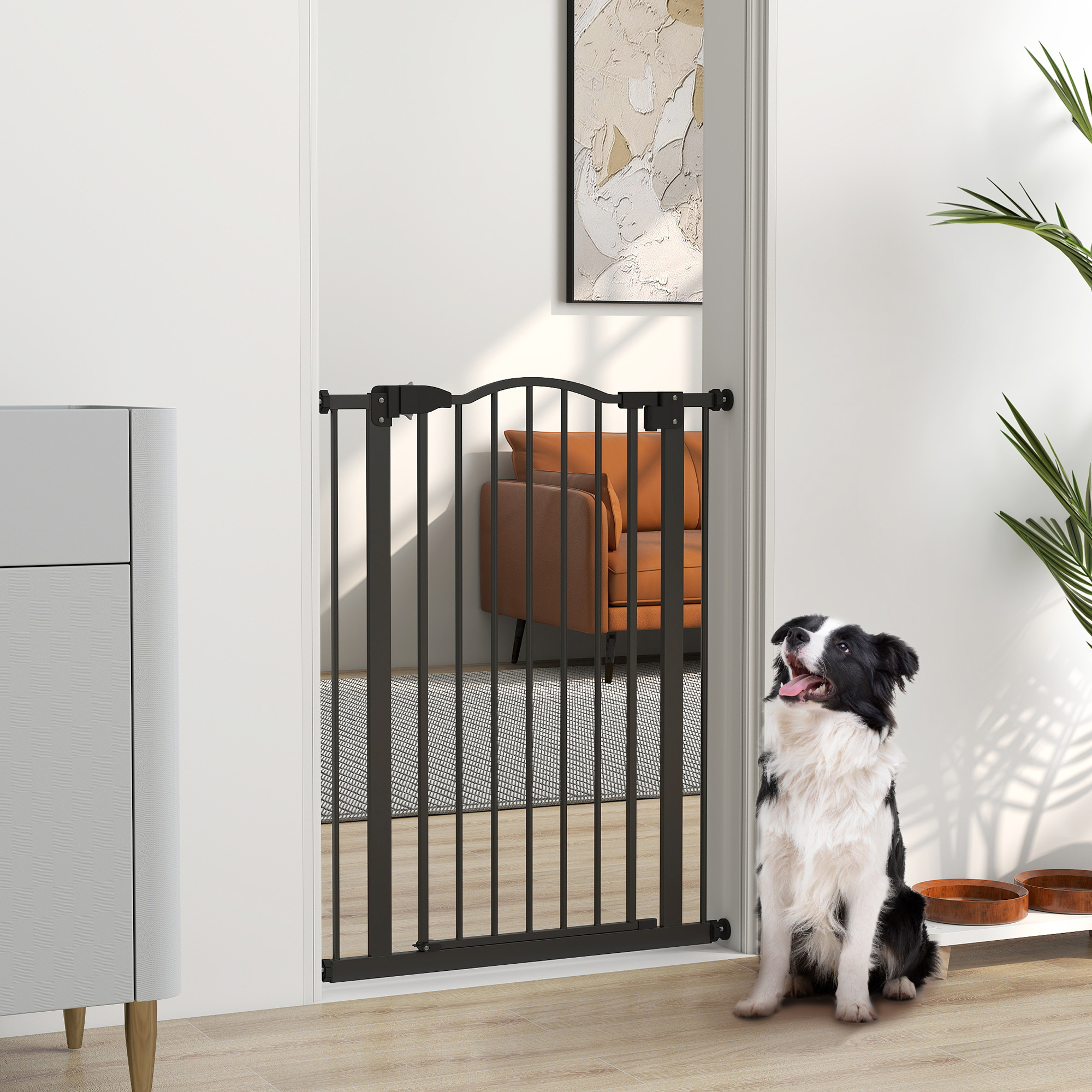 Extra Tall Dog Gate with Door, Pressure Fit, Auto Close, Double Locking for Doorways Hallways Stairs, 29"-32", Black