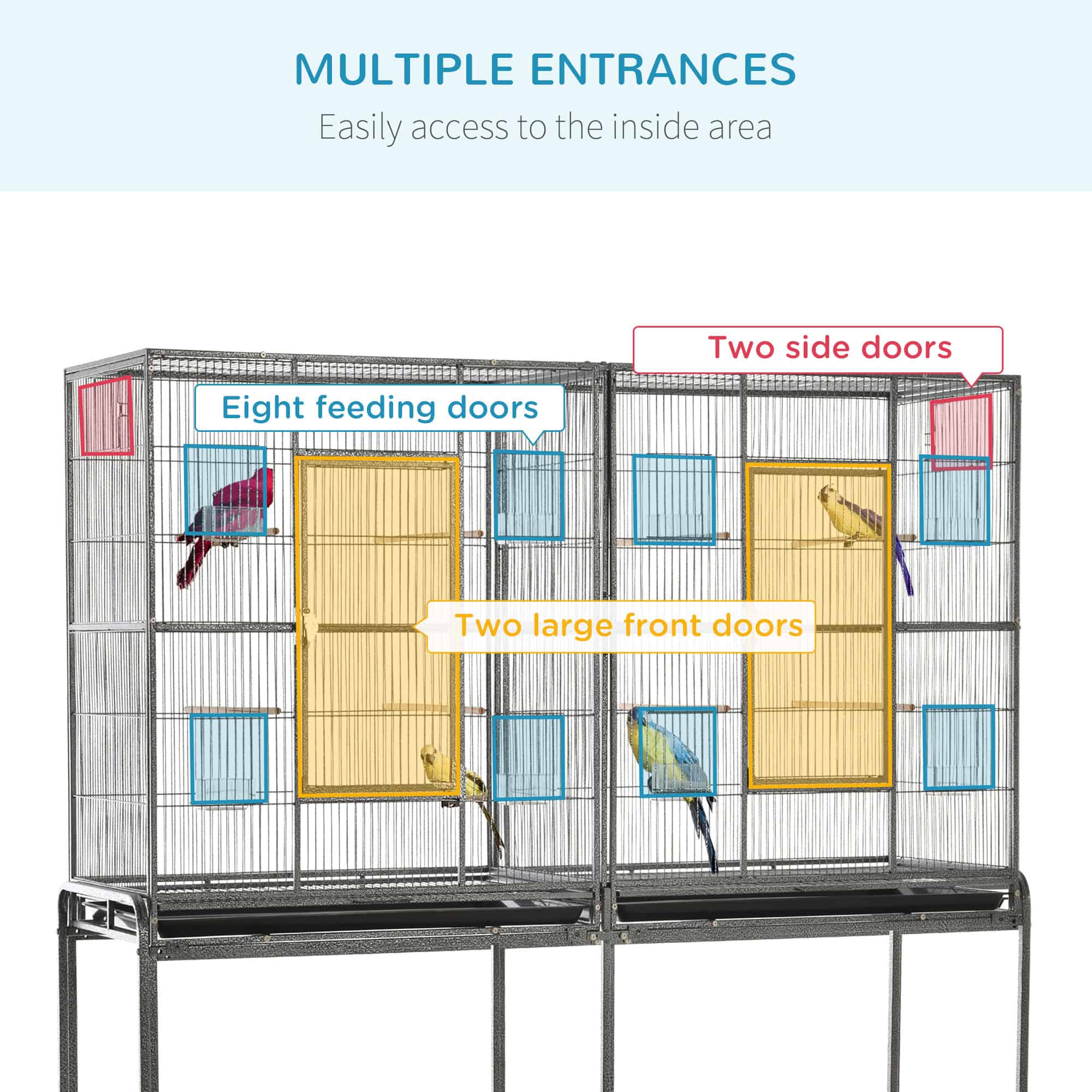 64" Extra Large Bird Cage, Rolling Metal Parrot Cage, Bird House with Detachable Rolling Stand, Storage Shelf, Wood Perch, Food Container, 62.8" x 18.9" x 64.2", Black