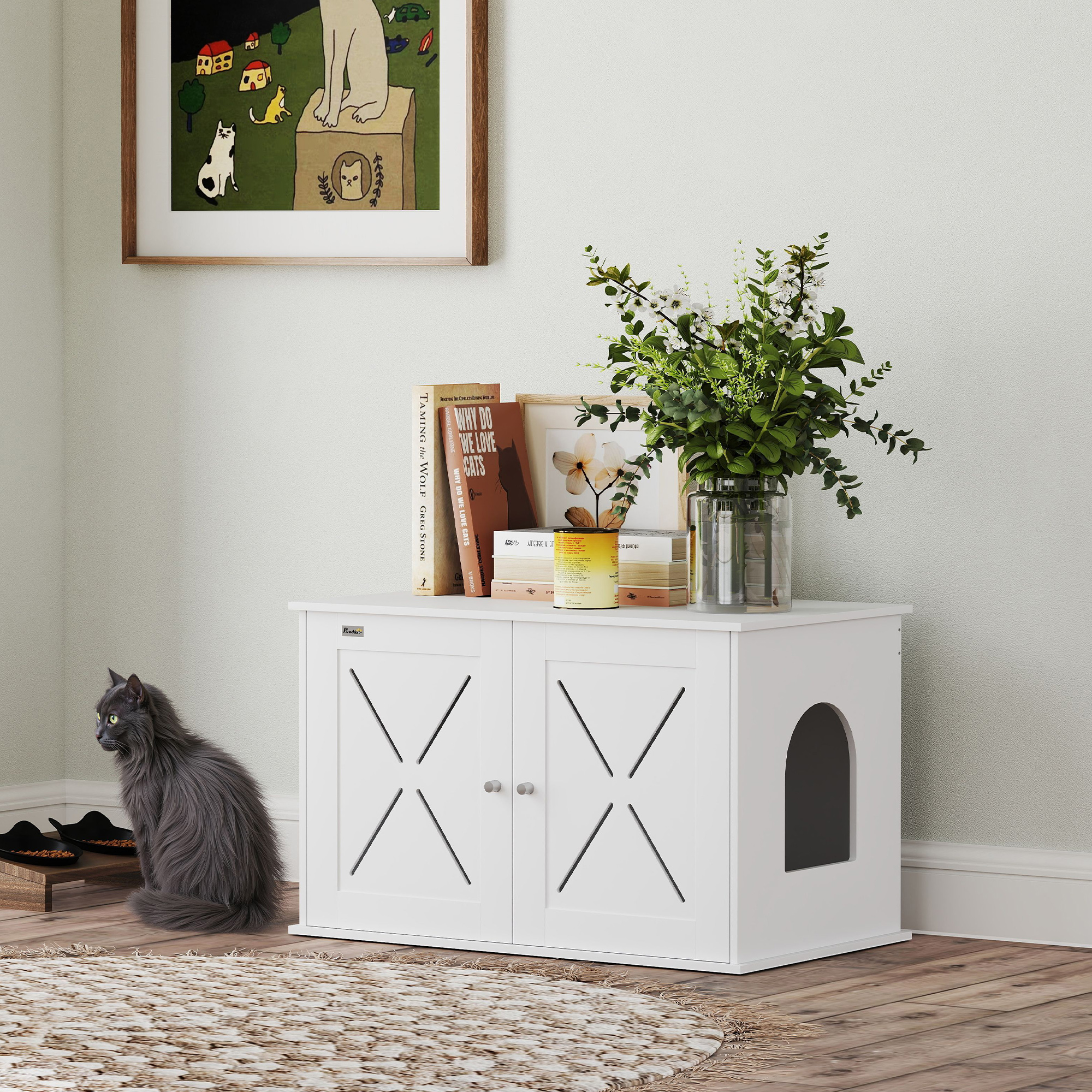 Hidden Cat Litter Box Enclosure with Double Doors, Hole, Pet House Side End Table, 31.5" x 19" x 20", White