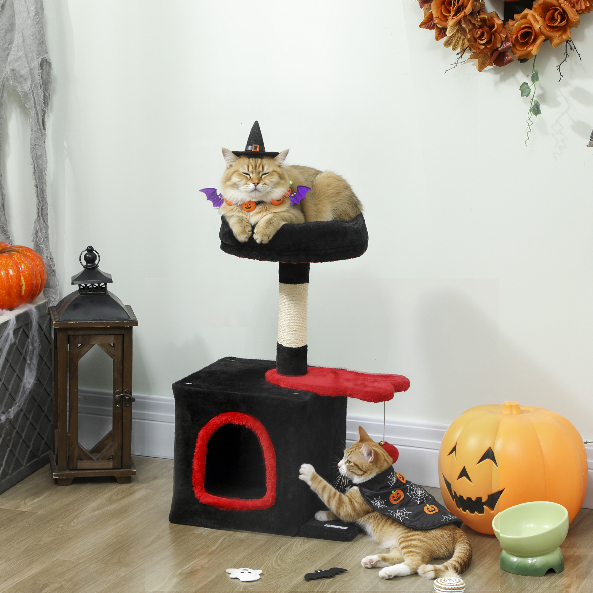 28" Gothic Cat Tree Tower with Plush Top Bed, Cozy Condo, Sisal Scratching Post, Perch, Dangling Ball, Red & Black
