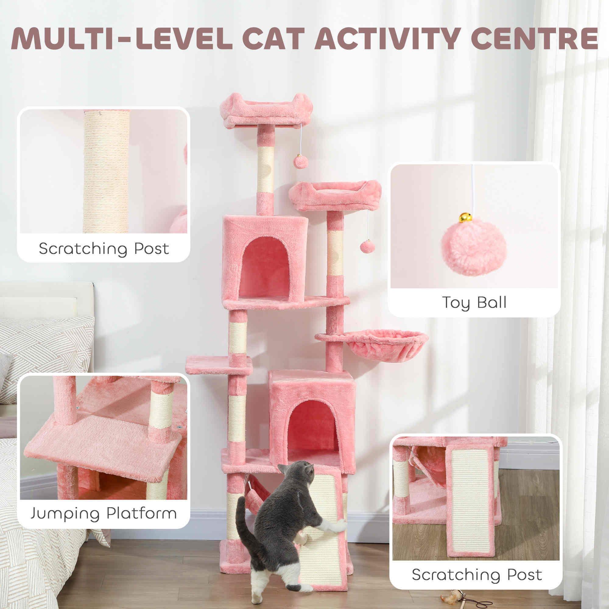 Cat Tree, 70" Multi-Level Cat Tower with 2 Condos, 2 Perches, Hammock, Toy Balls, Scratching Posts and Board, Pink