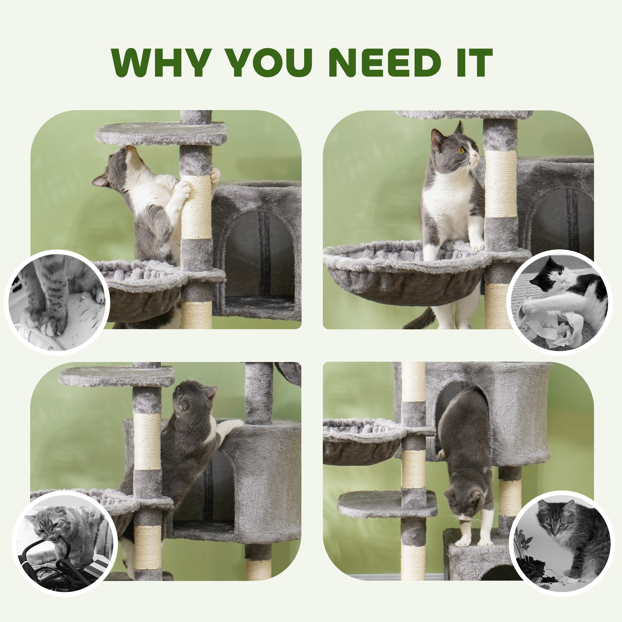 52.5" Cat Tree Tower with Scratching Posts, Cat Condos, Bed, Platforms, Hammocks, for Indoor Cats, Grey