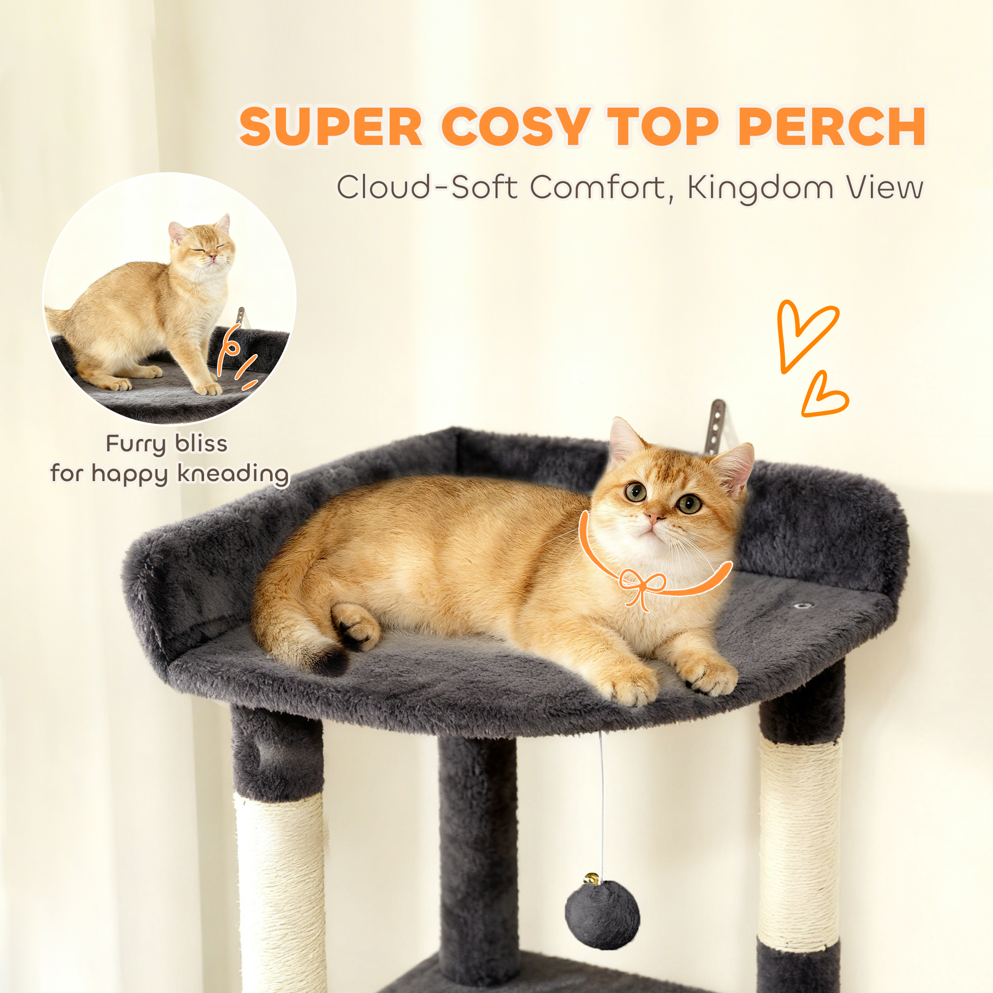 67" Large Cat Tree with 7 Scratching Posts, Tunnel, 2 Condos, Hammock, Perch, Ramp, Pompoms, Dark Grey