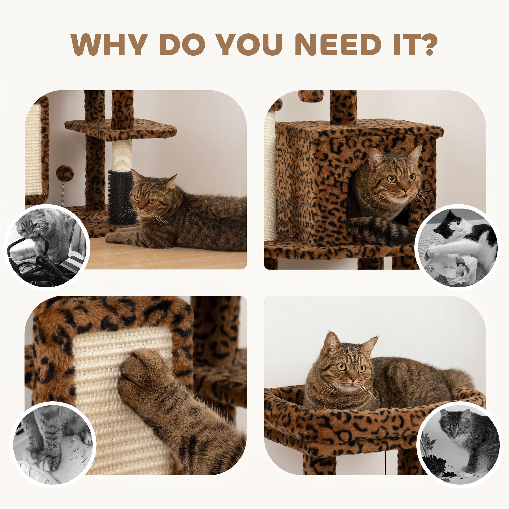 41 Inch Cat Tree with Scratching Posts, Cat Bed, Condo, Jumping Platforms, Toy Balls, Leopard Print