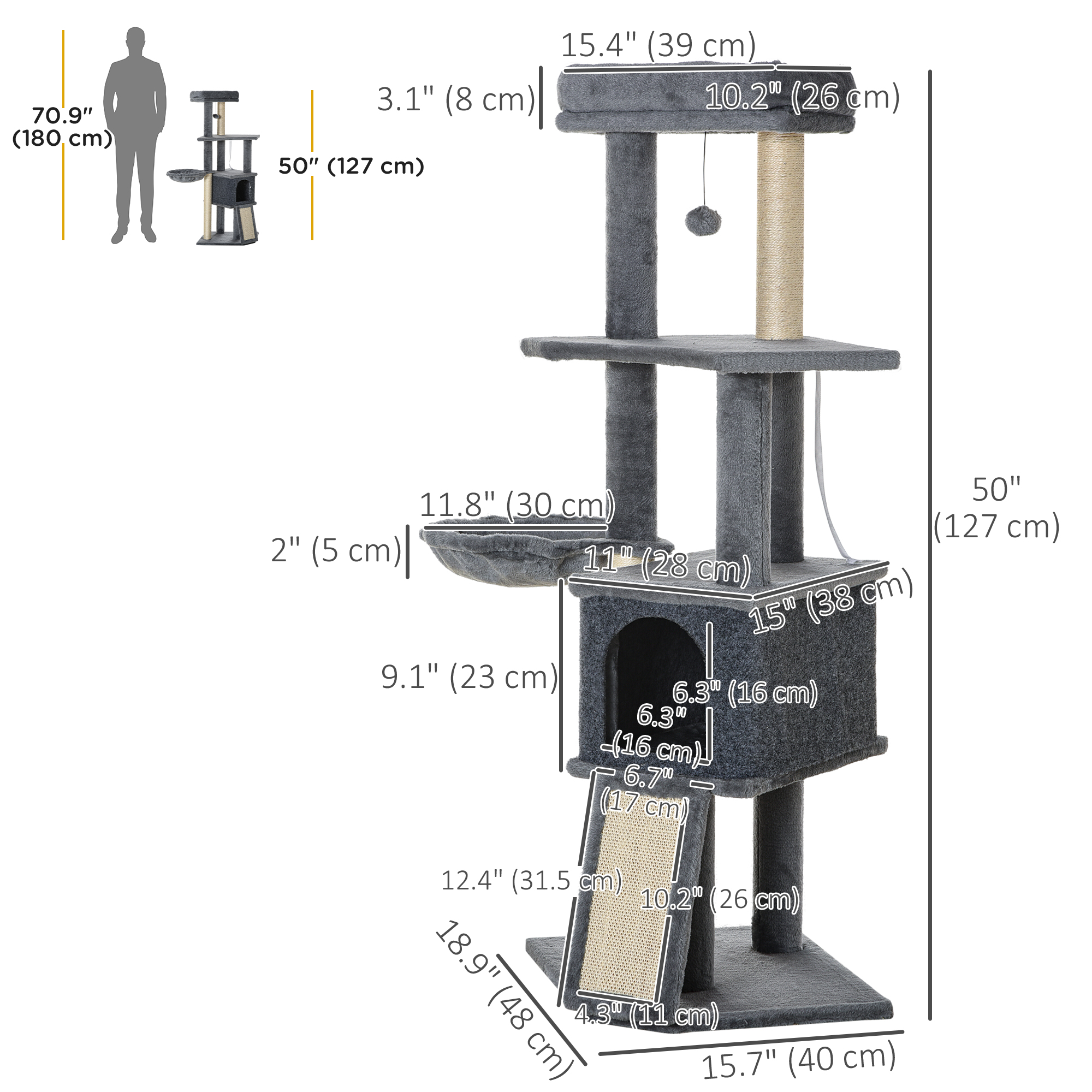50 Inch Cat Tree, Multi-Level Cat Tower with Sisal Scratching Posts and Ramp, Bed, Condo, Hammock, Toy Ball, Grey