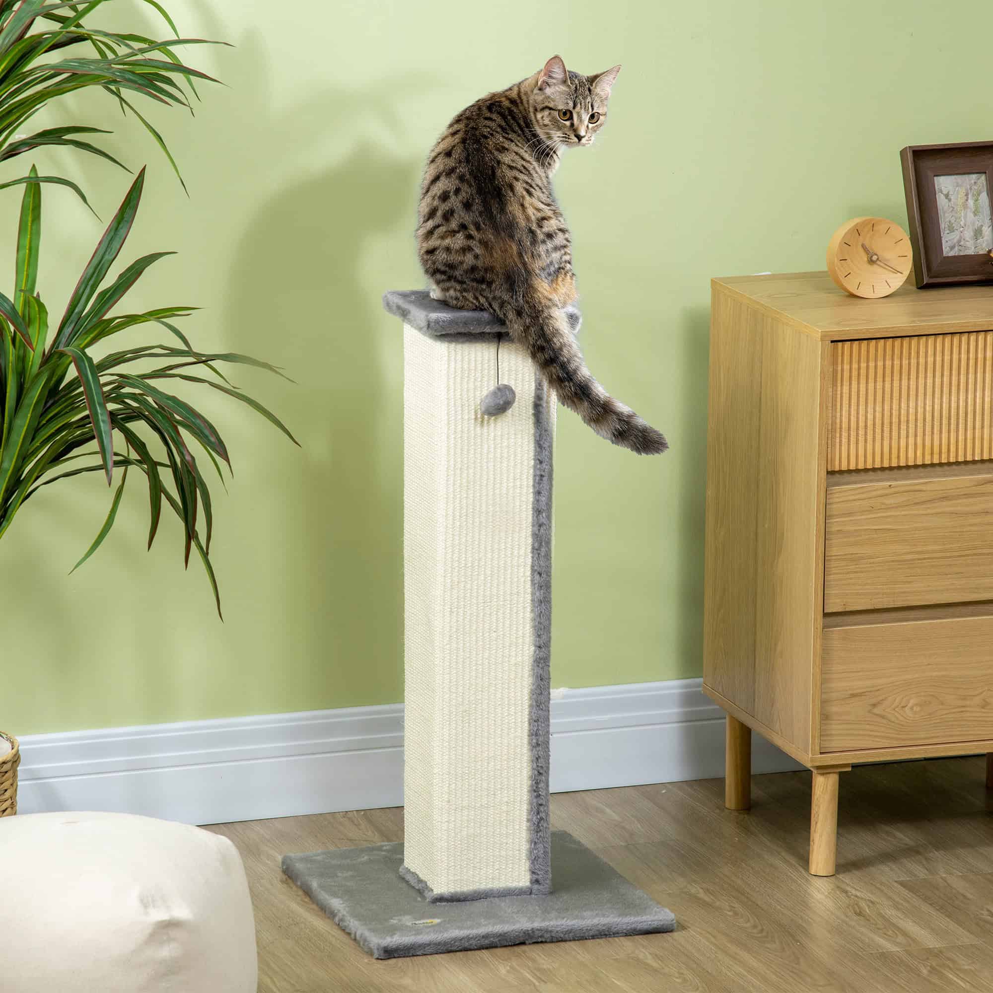 32" Tall Cat Scratching Post for Indoor Cats and Kittens, Sisal Cat Scratcher with Hanging Ball Soft Plush, Grey