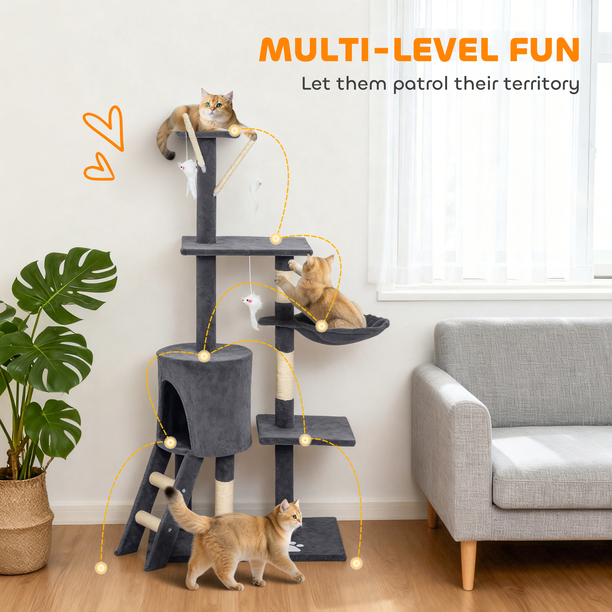 53" Cat Tree Tower, Kitten Activity Centre with Scratching Posts, Condo, Perches, Ladder, Hammock, Dangling Toys, Dark Grey
