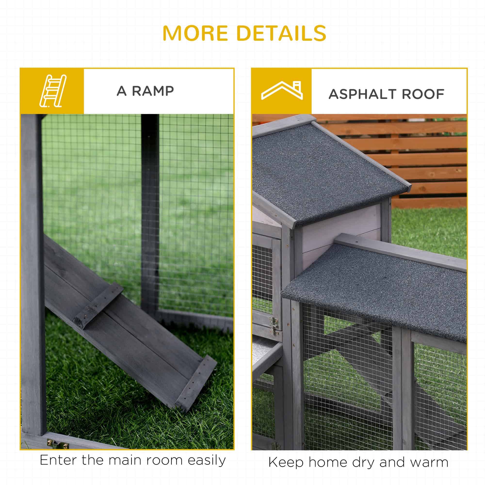 Wood Rabbit Hutch Backyard Bunny Cage Small Animal House Asphalt Roof w/ Ramp and Outdoor Run Dark Grey