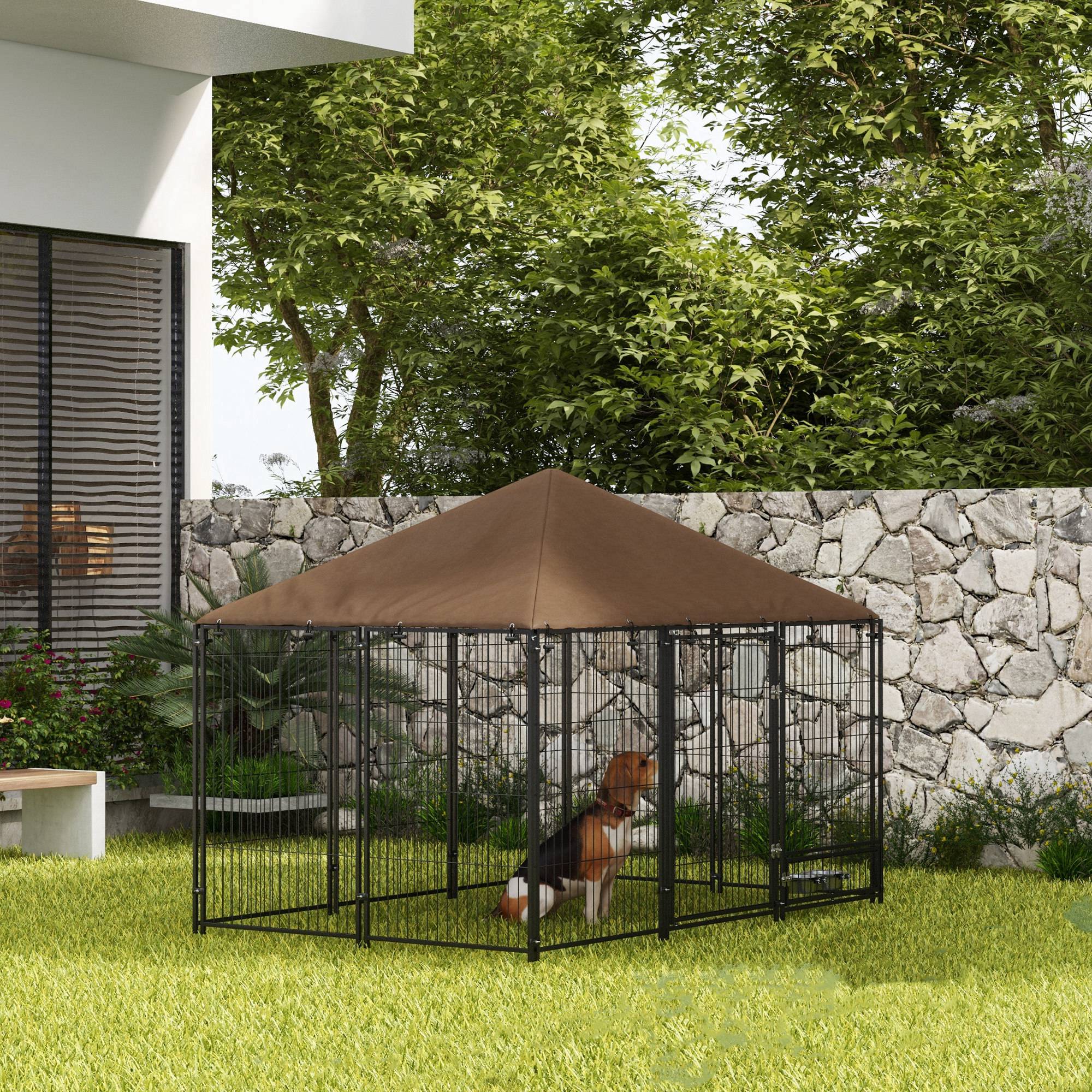 6.9' x 4.6' x 5' Outdoor Dog Kennel with Canopy, Rotating Bowls, Coffee