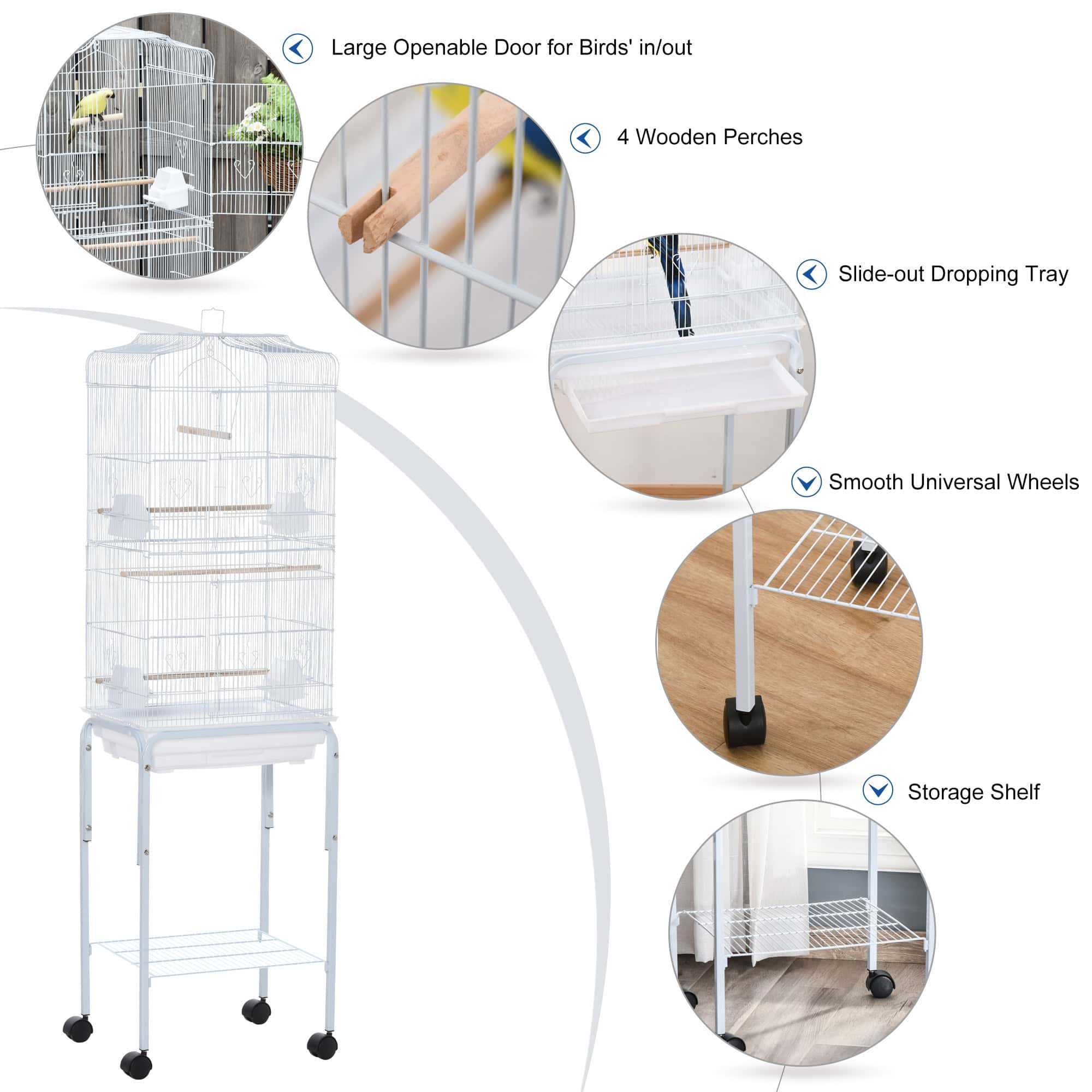 62" Rolling Bird Cage Cockatoo House Play Top Finch Pet Supply with Storage Shelf, Wheels - White