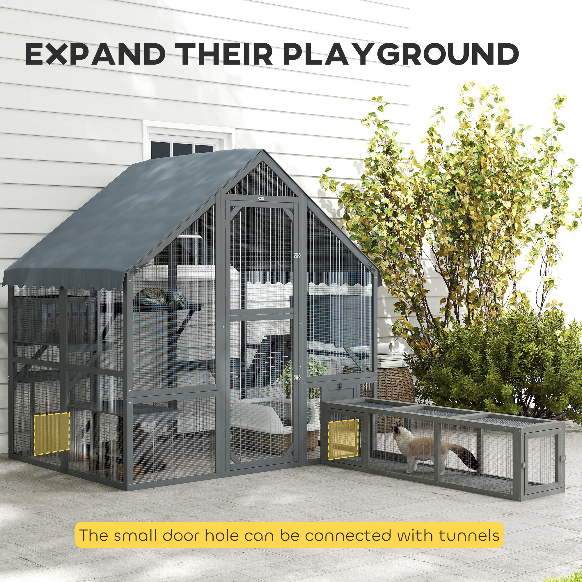 Large Catio Outdoor with Waterproof Cover, 2 Resting Boxes, 4 Platforms, Bridge, for 2-4 Kittens, Grey
