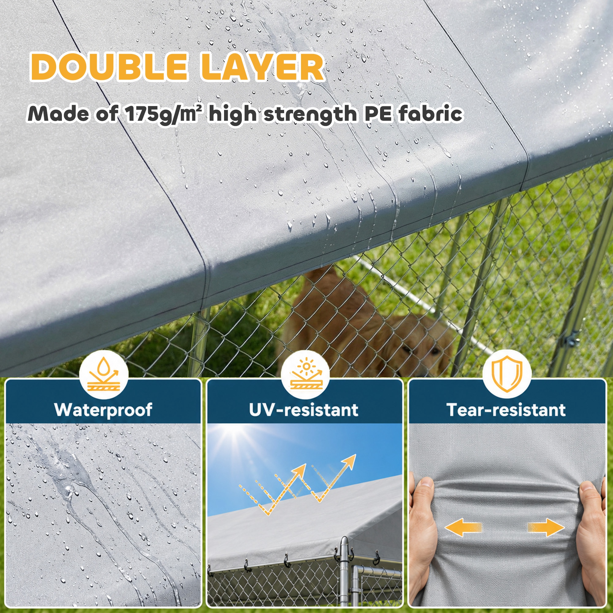 Heavy Duty Outdoor Dog Kennel with Waterproof Roof, Secure Latch, Chain Link Dog Run for Backyard, 19.7' x 19.7' x 8.9'