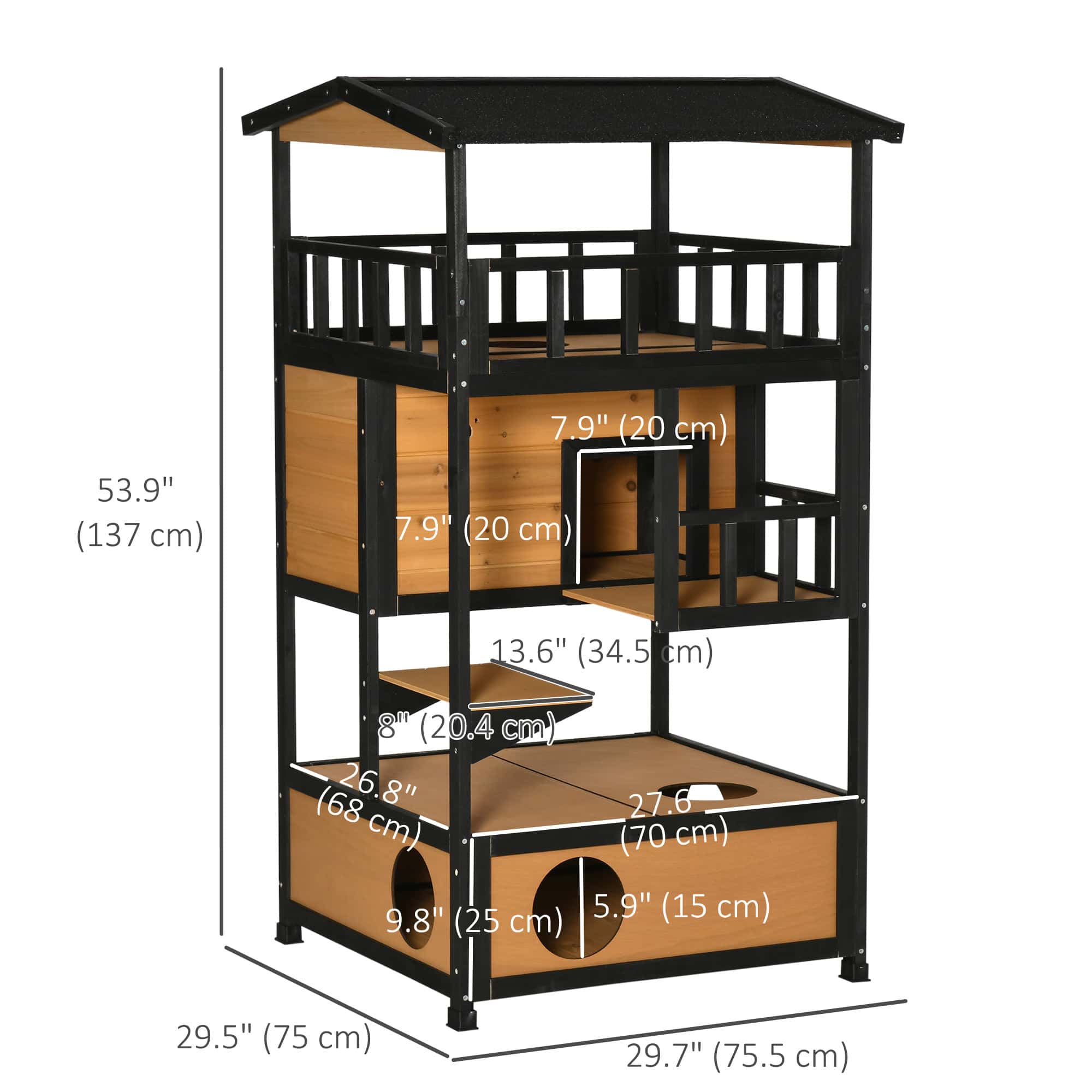 4-Floor Wood Outdoor Cat House Catio for Cats with Condo, Fun Entrances, Perch, Natural