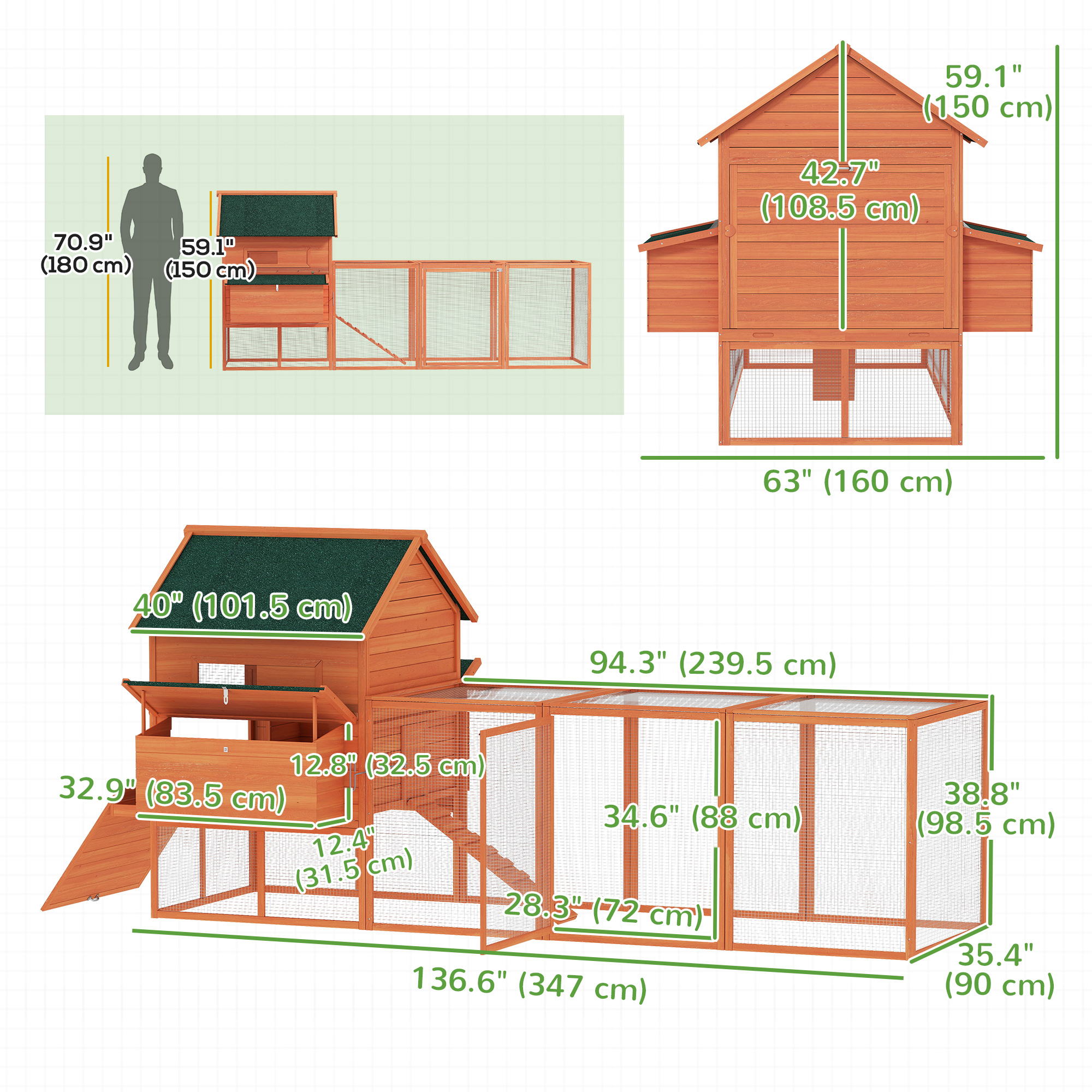 137" Wooden Chicken Coop with Chicken Run, Nesting Box, Orange