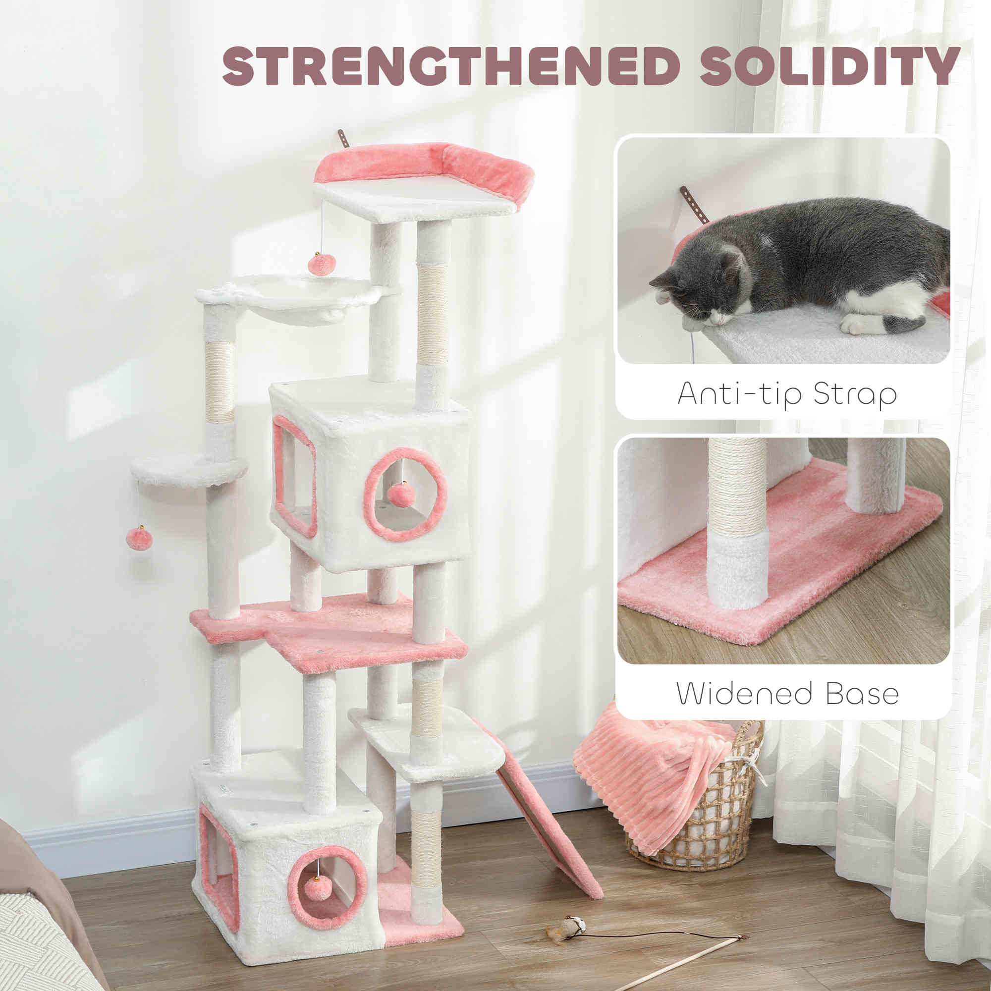 65 Inch Cat Tree with 2 Doors Condos, Plush Top Perch, Hammock, Sisal Scratching Posts, 4 Pompoms, Ramp, White