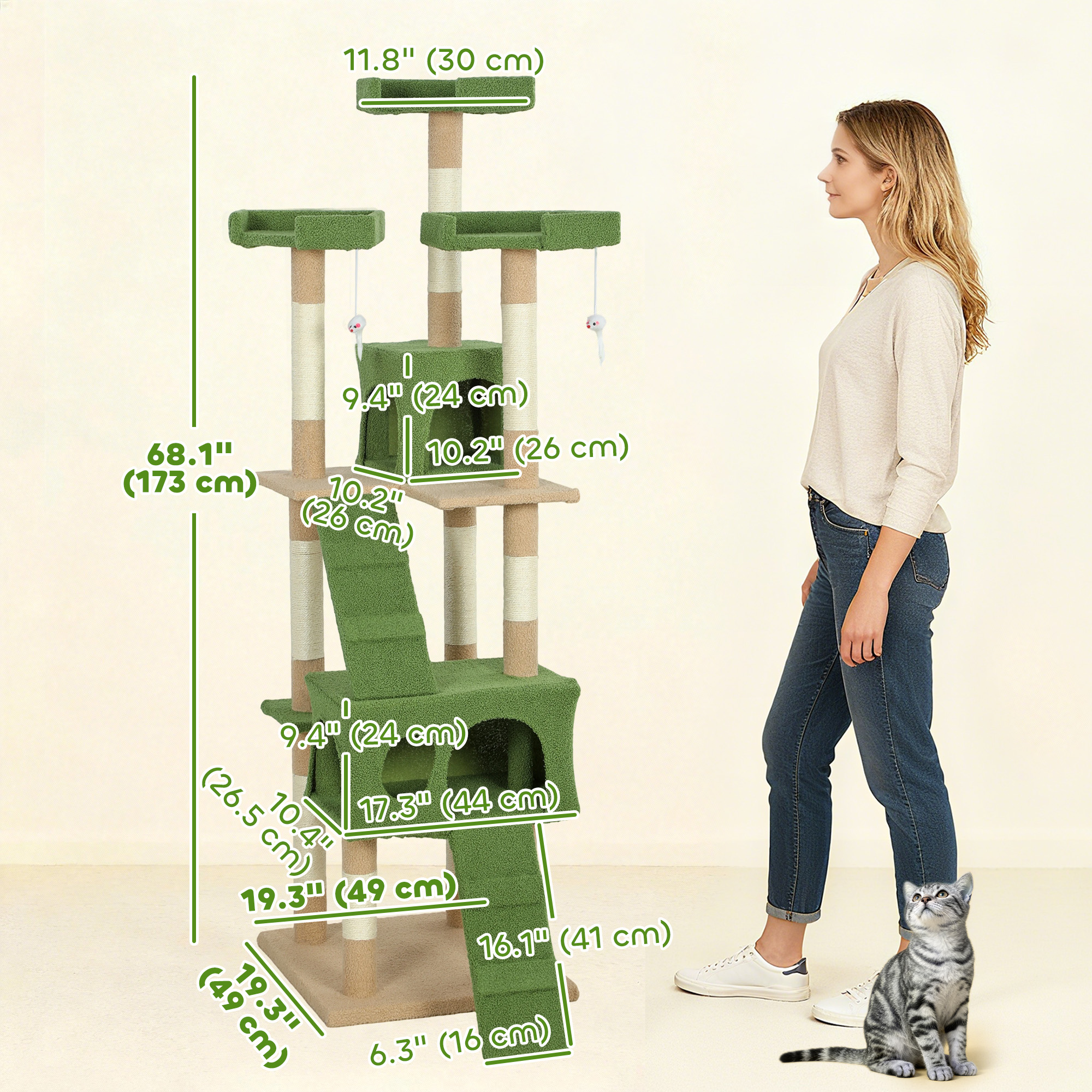 68-inch Multi-Level Cat Scratching Tree Kitty Activity Center Post Tower Condo Pet Furniture w/ Toy Green