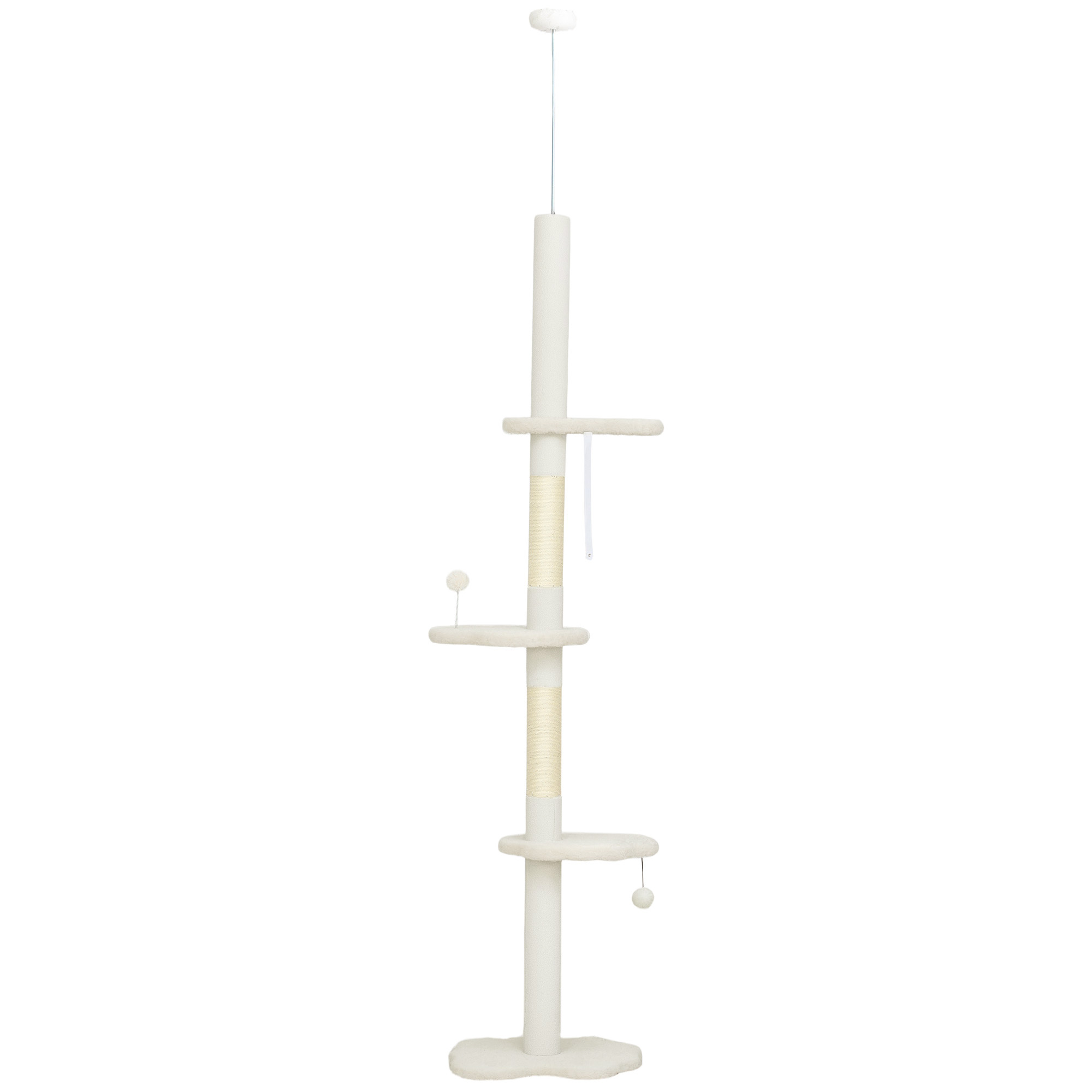 88.5"-100.5" Floor to Ceiling Cat Tree, Cat Tower with Scratching Posts, Cloud Shaped Platforms, Dangling Balls, Cream