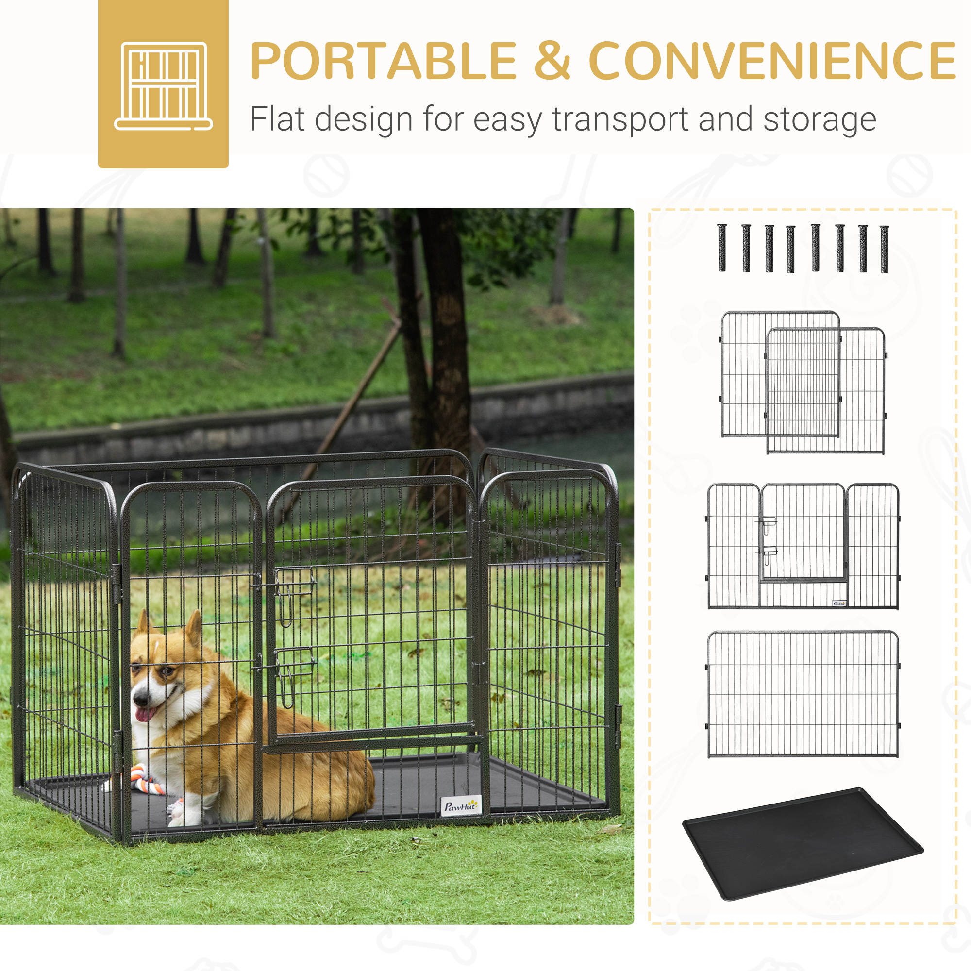 4 Panels Dog Playpen, Heavy Duty Dog Fence, 28" H Portable Pet Playpen with Door Double Locking Latches, Tray, Grey