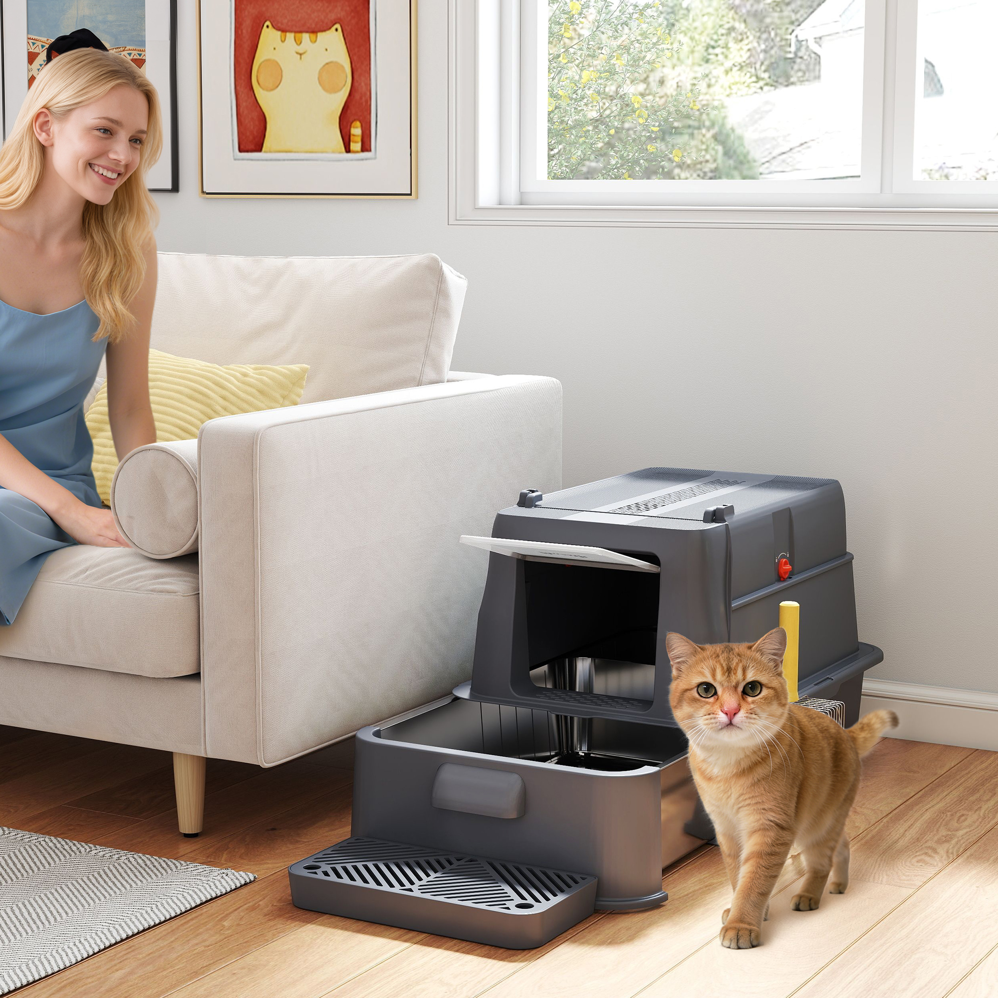 80L XL Stainless Steel Cat Litter Box for Big Cats with Flip Cover, Pull-Out Drawer Tray, High Sided, Pedal, Dark Grey