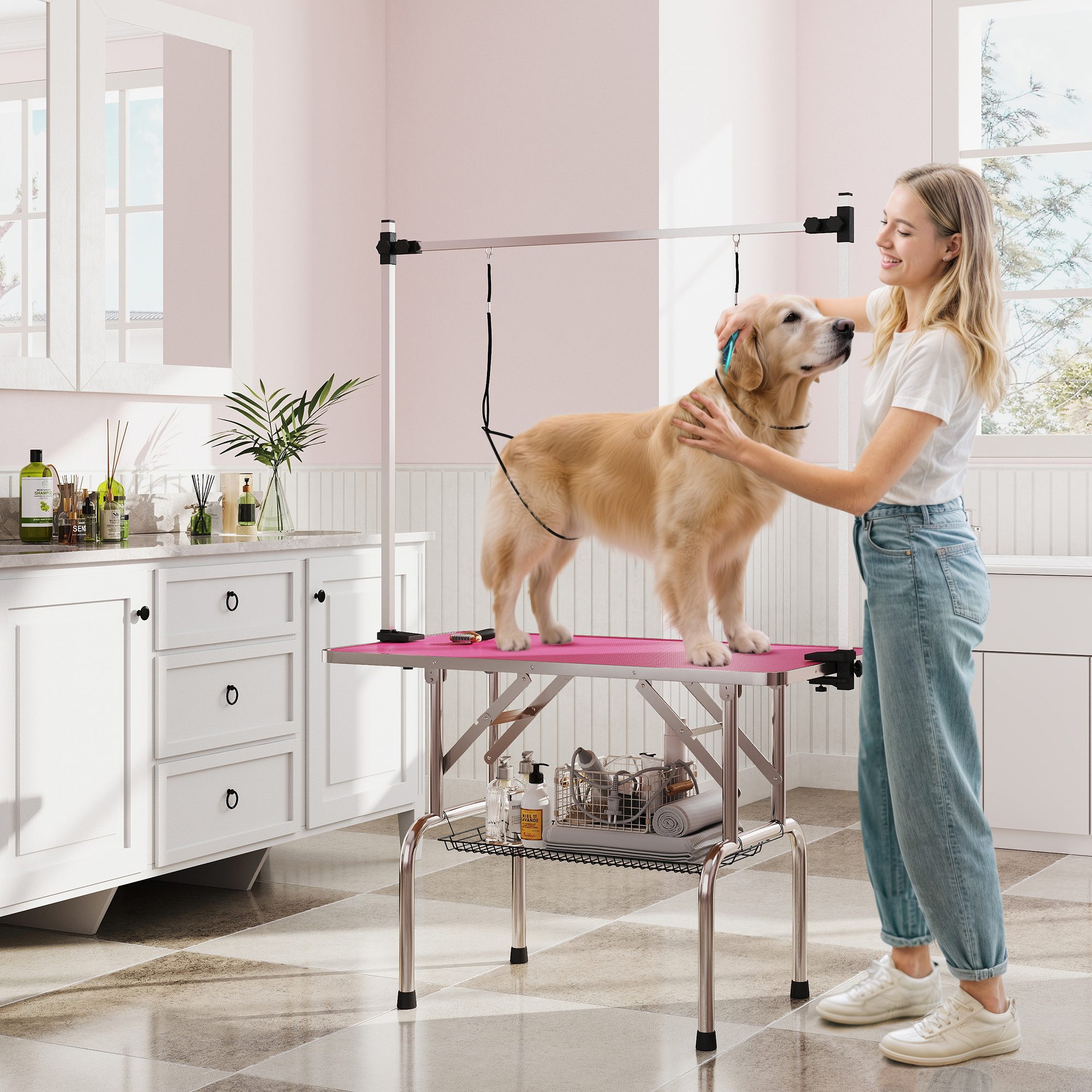 Adjustable Dog Grooming Table with 2 Safety Slings, Storage Basket, Pink