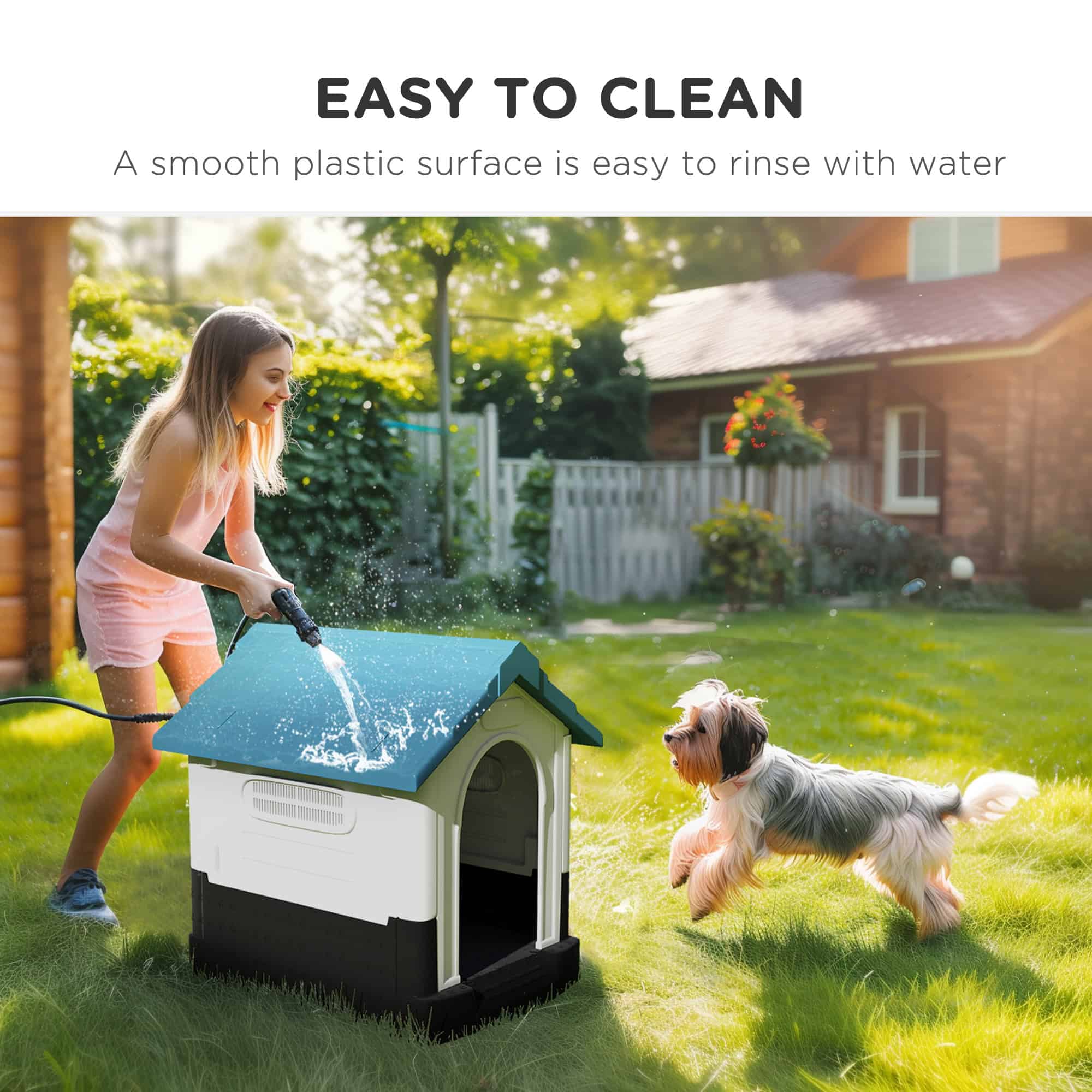 Outside Dog Kennel House with Windows, Base Support, for Garden Patio, Miniature Dogs, 64.5 x 57 x 66cm, Blue