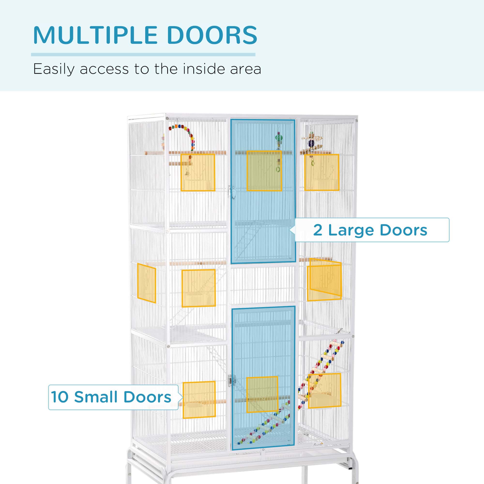71" Bird Cage with Wheels Perches, Ramp, Storage Shelf, Toys for Canaries, Finches, Cockatiels, Parakeets, White