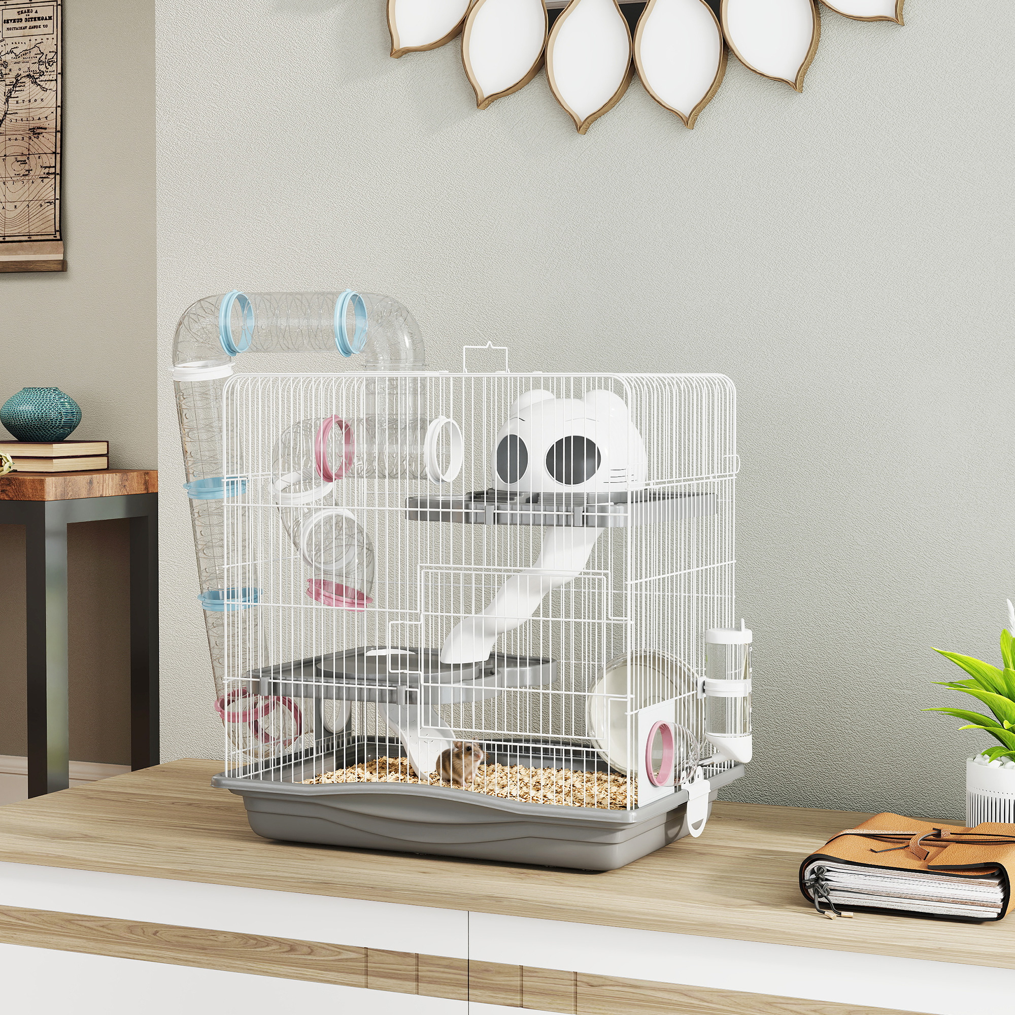 3-Tier Hamster Cage, Portable Gerbil Cage with Exercise Wheels, Water Bottle, Food Dish, for Dwarf Hamsters, Mouse, Grey