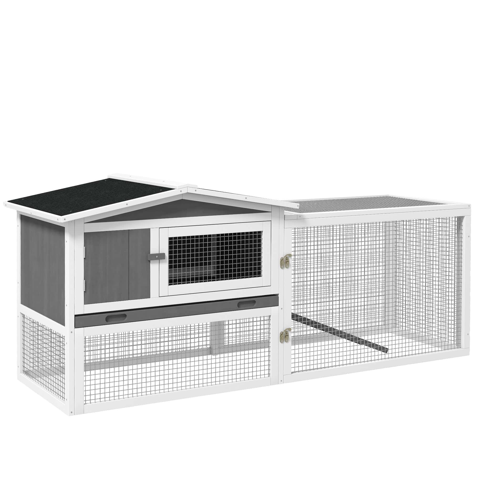 Wooden Rabbit Hutch Guinea Pig House with Removable Tray, Openable Roof, Trough, Run for Tortoises and Ferrets, Grey