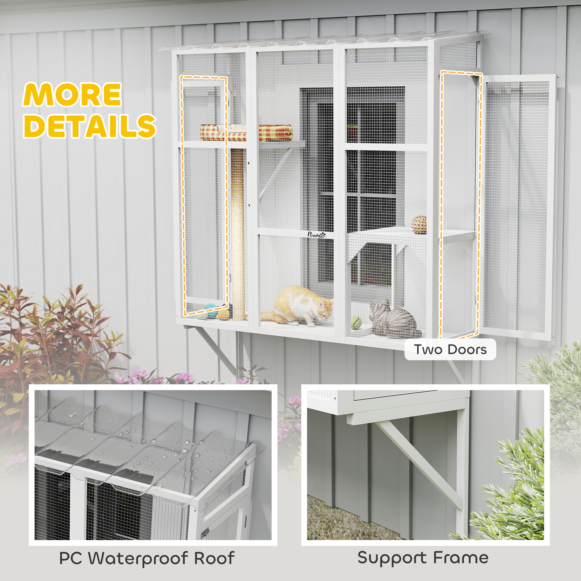 Wooden Catio Outdoor, Cat Window Box Enclosure for 2-3 Large Cats with 2 Jumping Platforms & Scratching Post, White