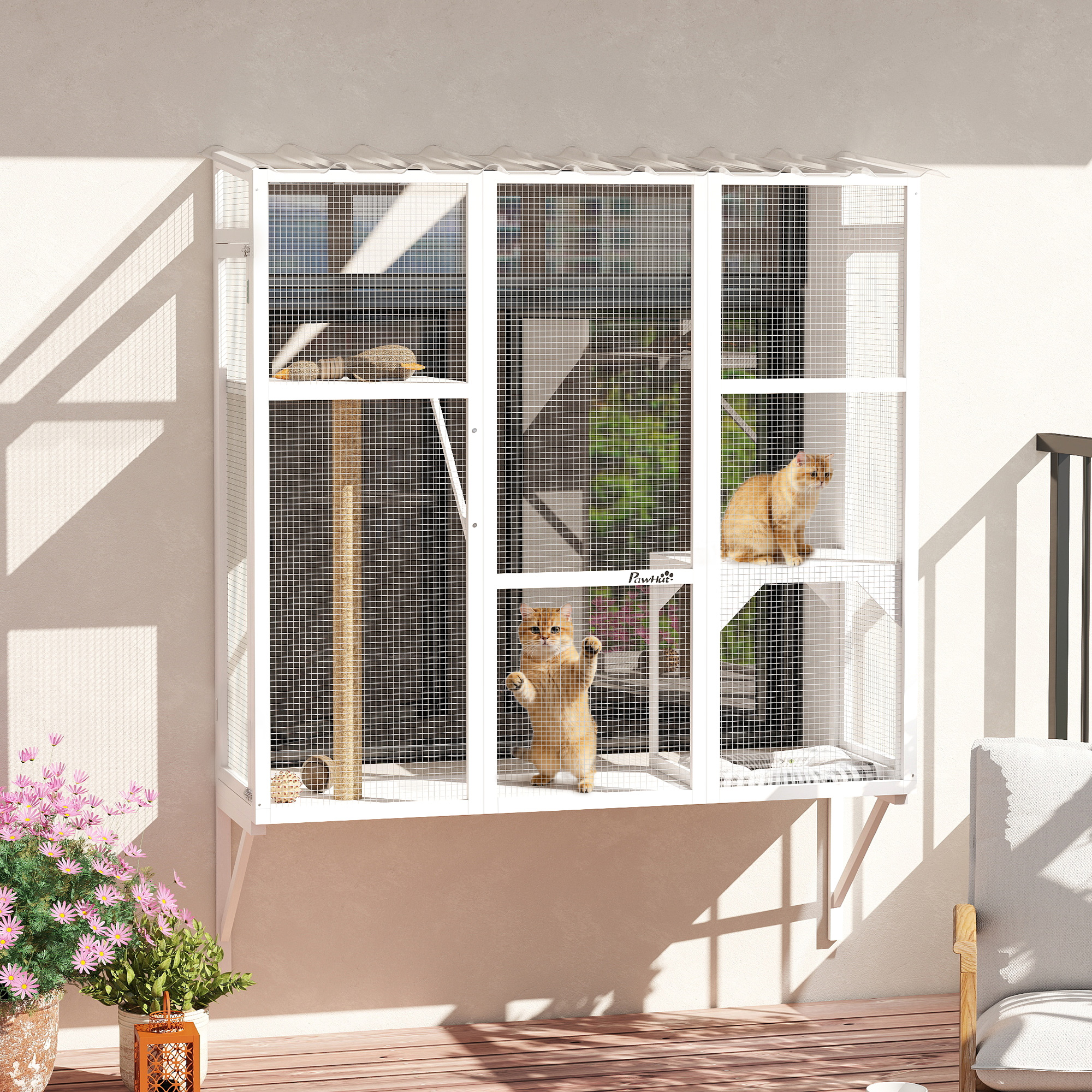 Wooden Catio Outdoor, Cat Window Box Enclosure for 2-3 Large Cats with 2 Jumping Platforms & Scratching Post, White