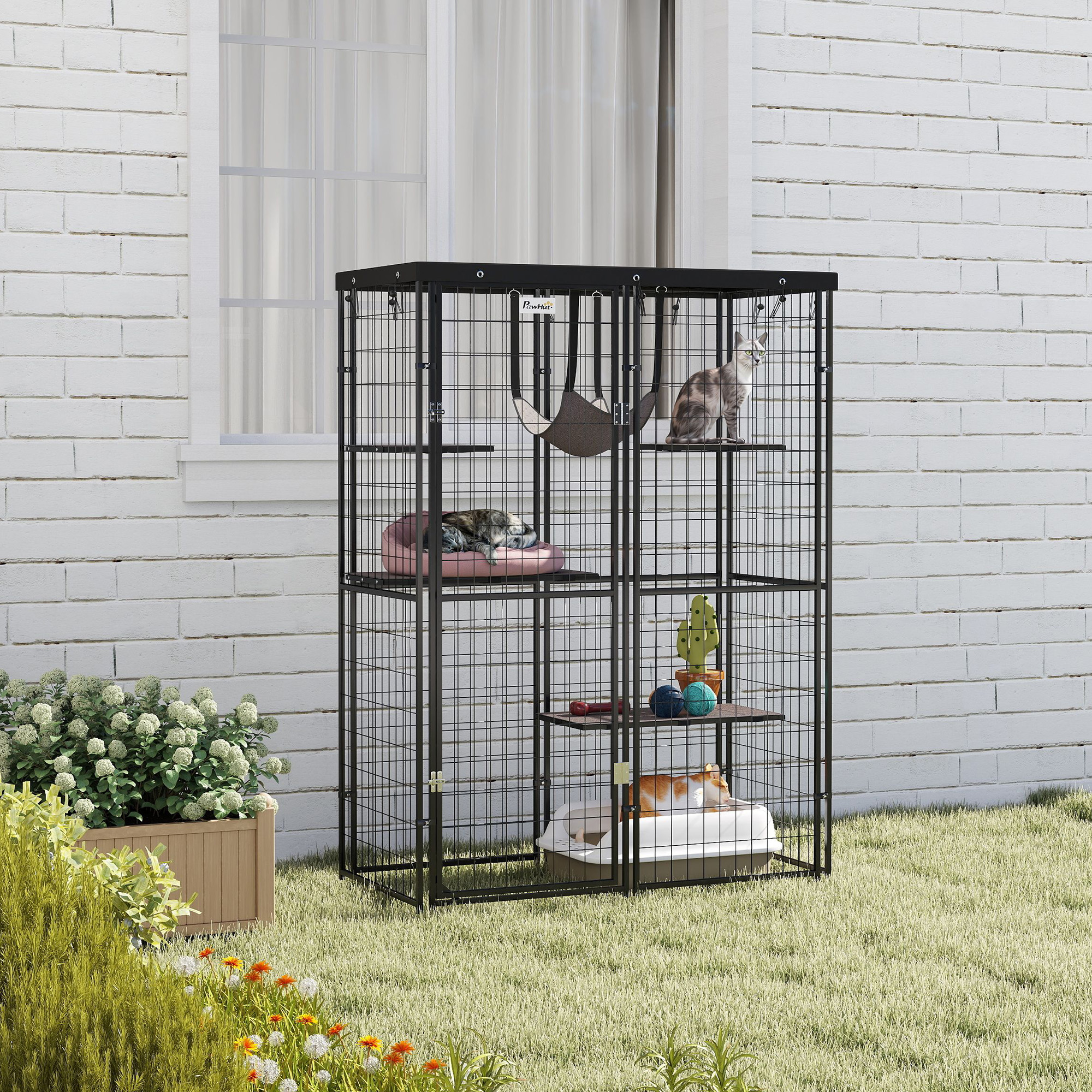 Metal Cat Cage with Waterproof Cover, 4 Platforms, Hammock, Washable Cushions for 1-3 Kittens, 46.5" x 22" x 62", Black