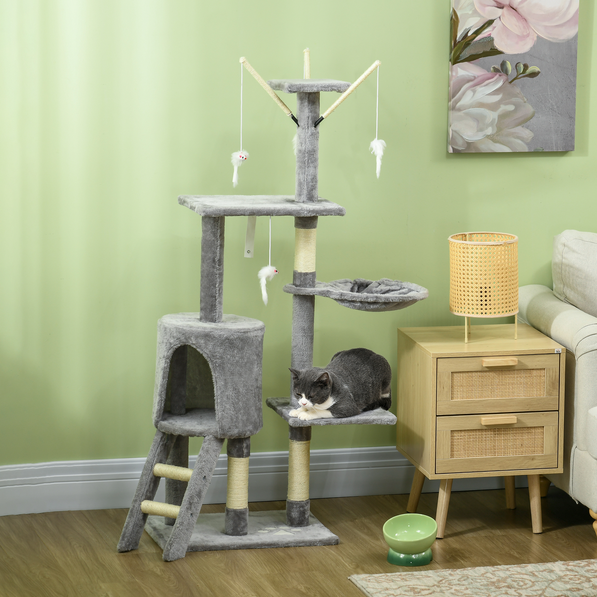 53" Cat Tree Tower, Kitten Activity Centre with Scratching Posts, Condo, Perches, Ladder, Hammock, Dangling Toys, Grey