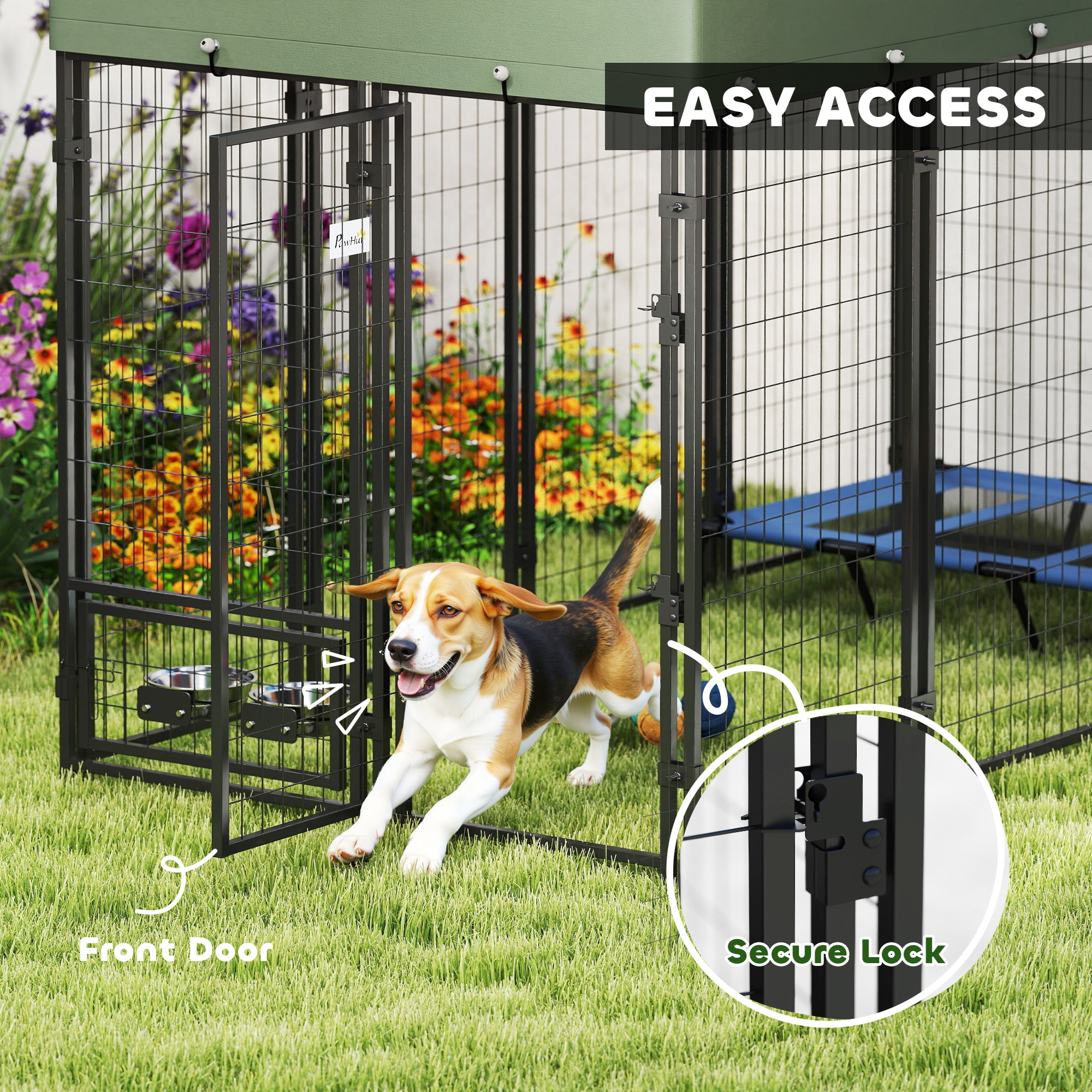 8' x 4' x 6' Outdoor Dog Kennel, Dog Kennel Outside Run with 360° Rotating Bowls, Waterproof & UV Resistant Cover Green