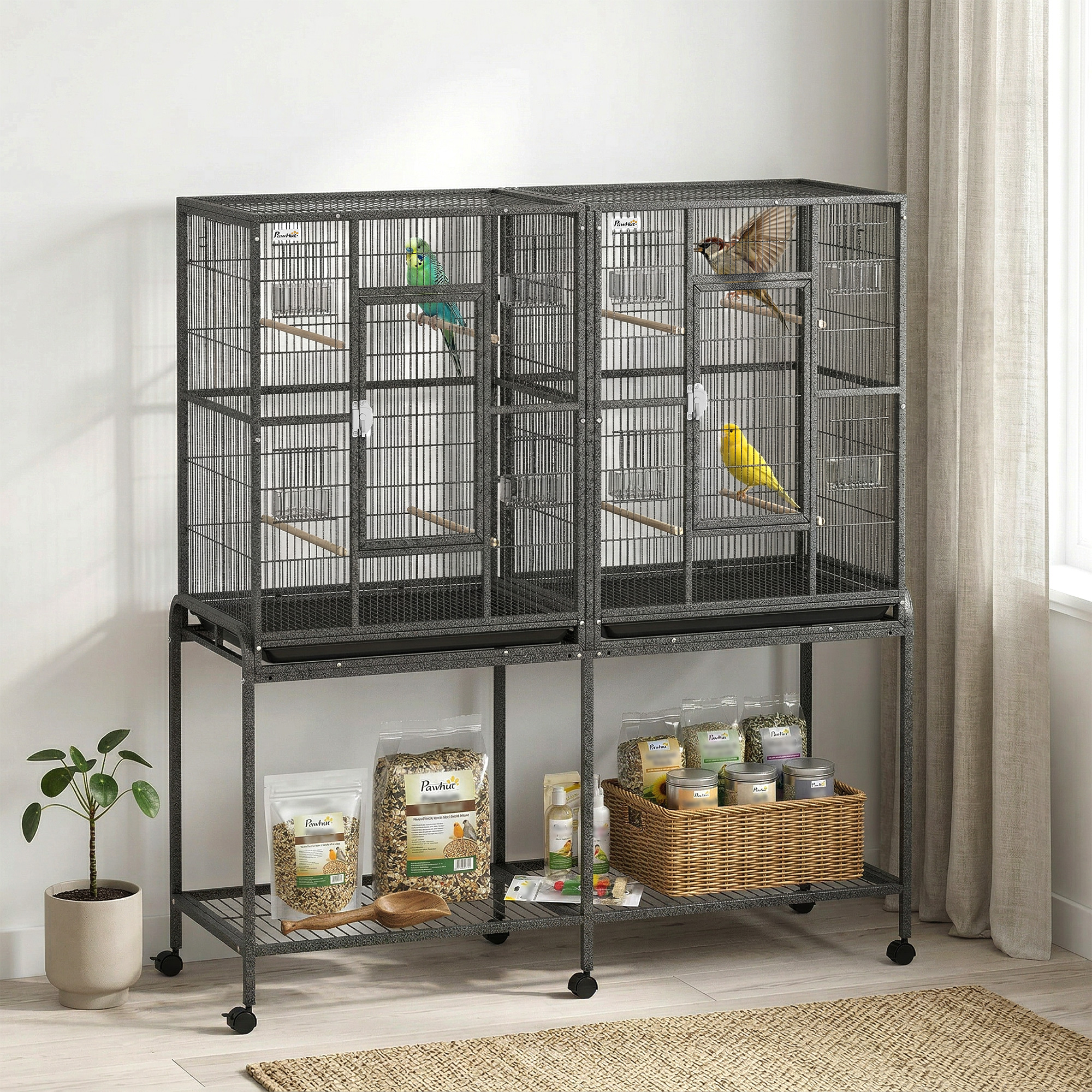 56"H Bird Cage, Parrot Cage w/ Detachable Rolling Stand, Removable Tray, Storage Shelf, Perches, Food Container
