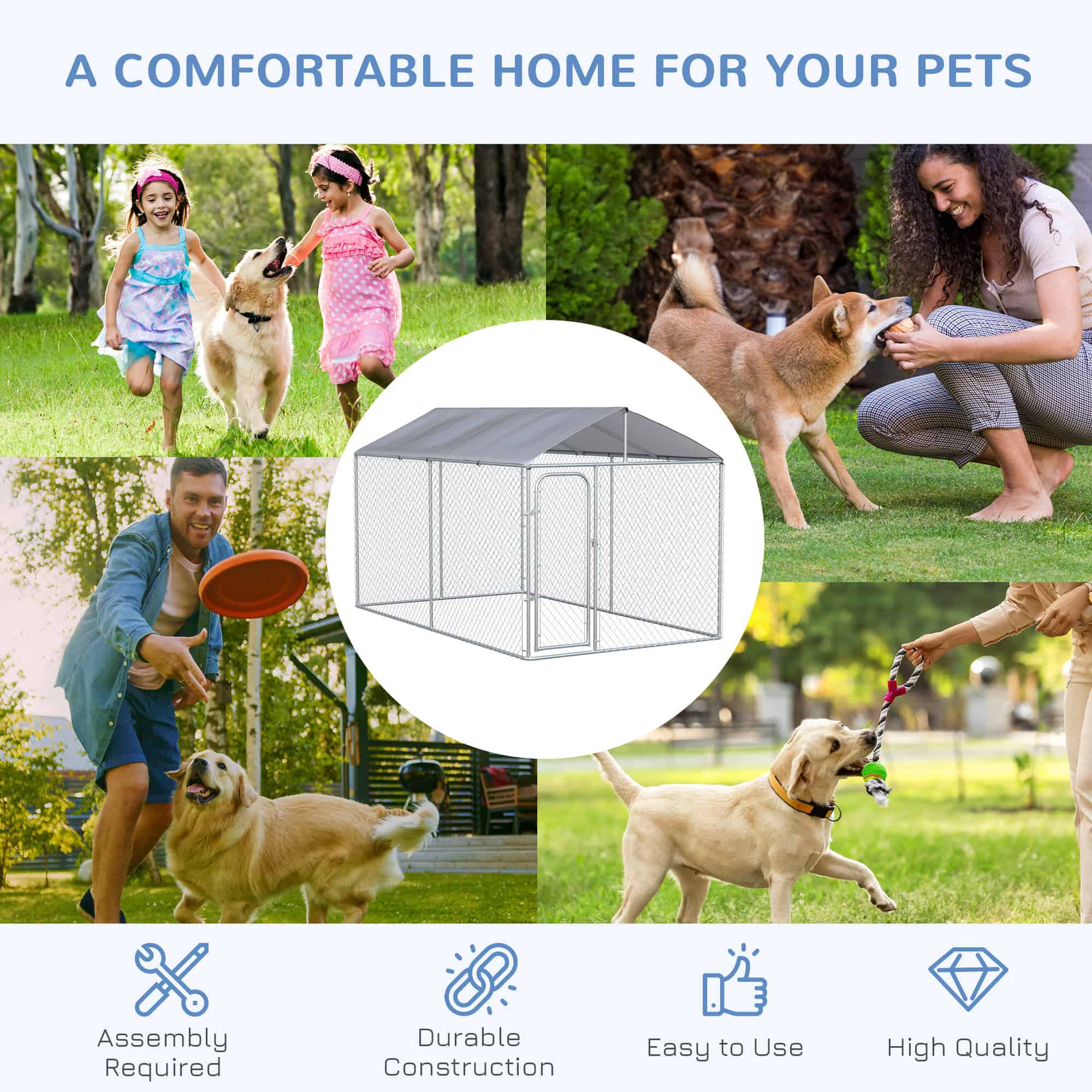 Dog Kennel Outdoor, Heavy Duty Playpen with Secure Lock, Cover, for Backyard & Patio, 13.1' x 7.5' x 7.5'