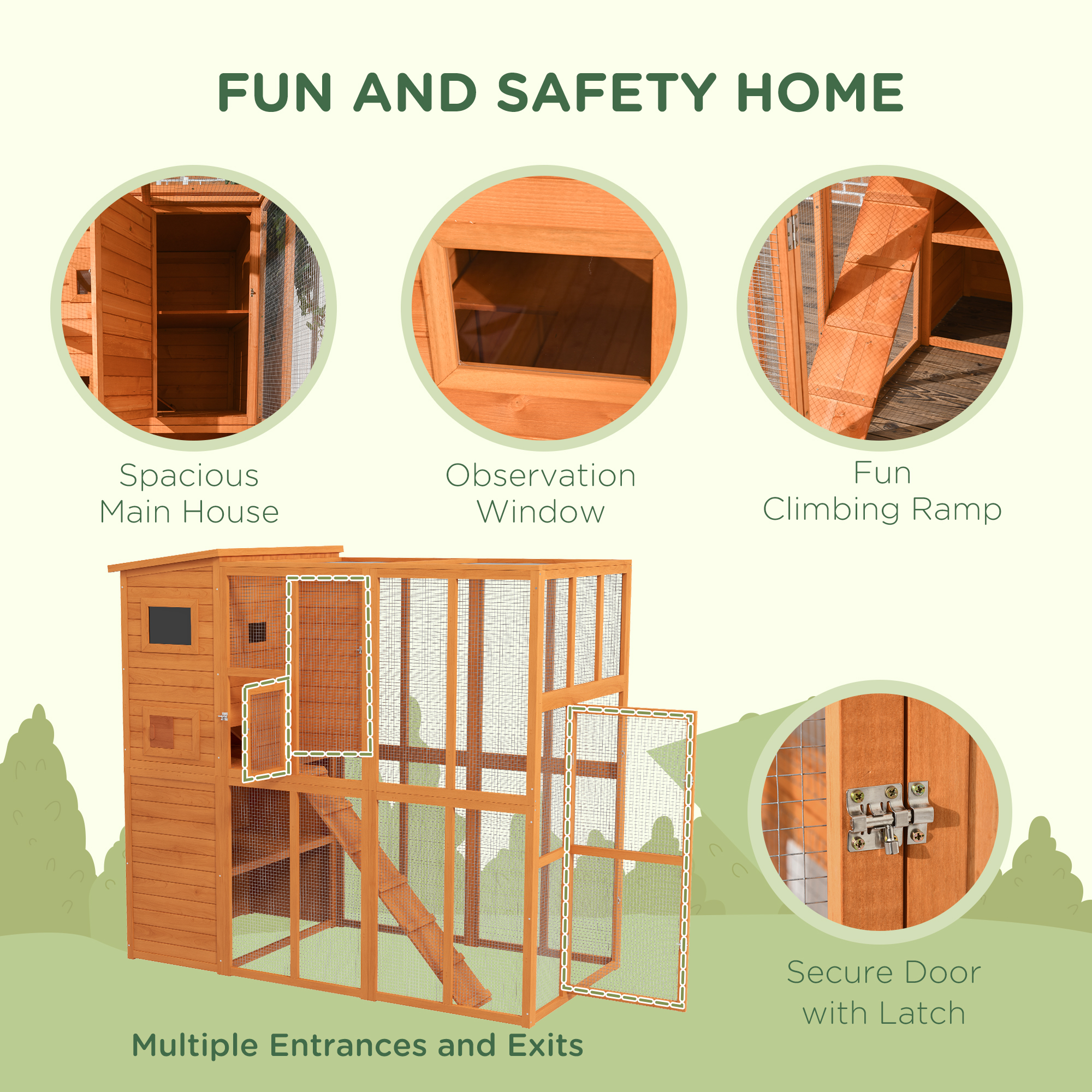 68.75" H Cat Cage Large Wooden Outdoor Cat House with Large Run for Play, Catio for Lounging, and Condo Area for Sleeping, Natural