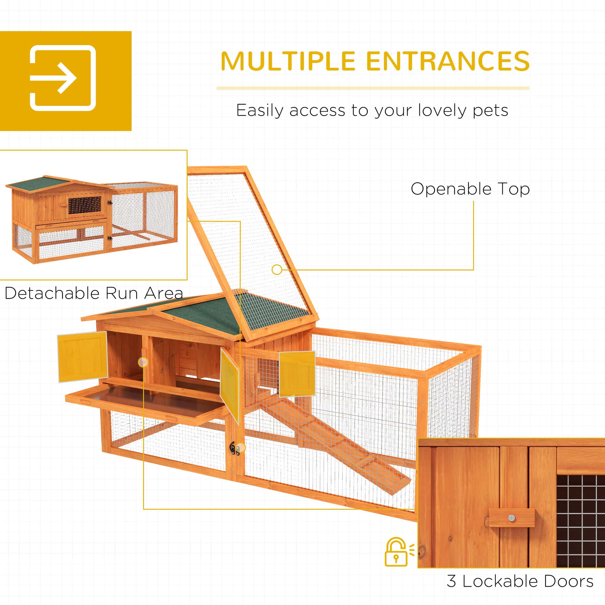 Wooden Rabbit Hutch Guinea Pig House with Removable Tray, Openable Roof, Trough, Run for Tortoises and Ferrets, Orange