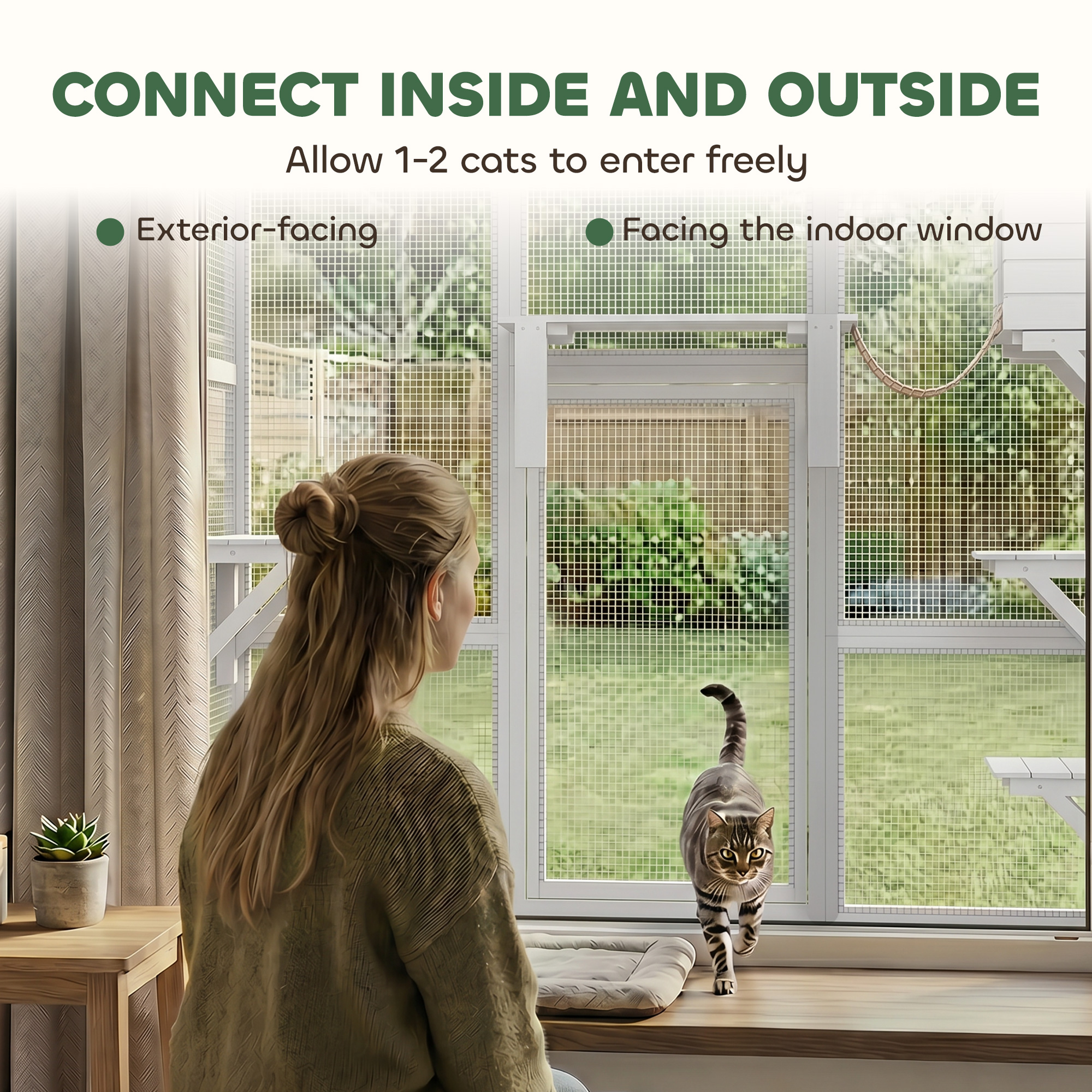 Large Outdoor Catio with Weatherproof Roof, Bridge, Resting Box, Platforms, White
