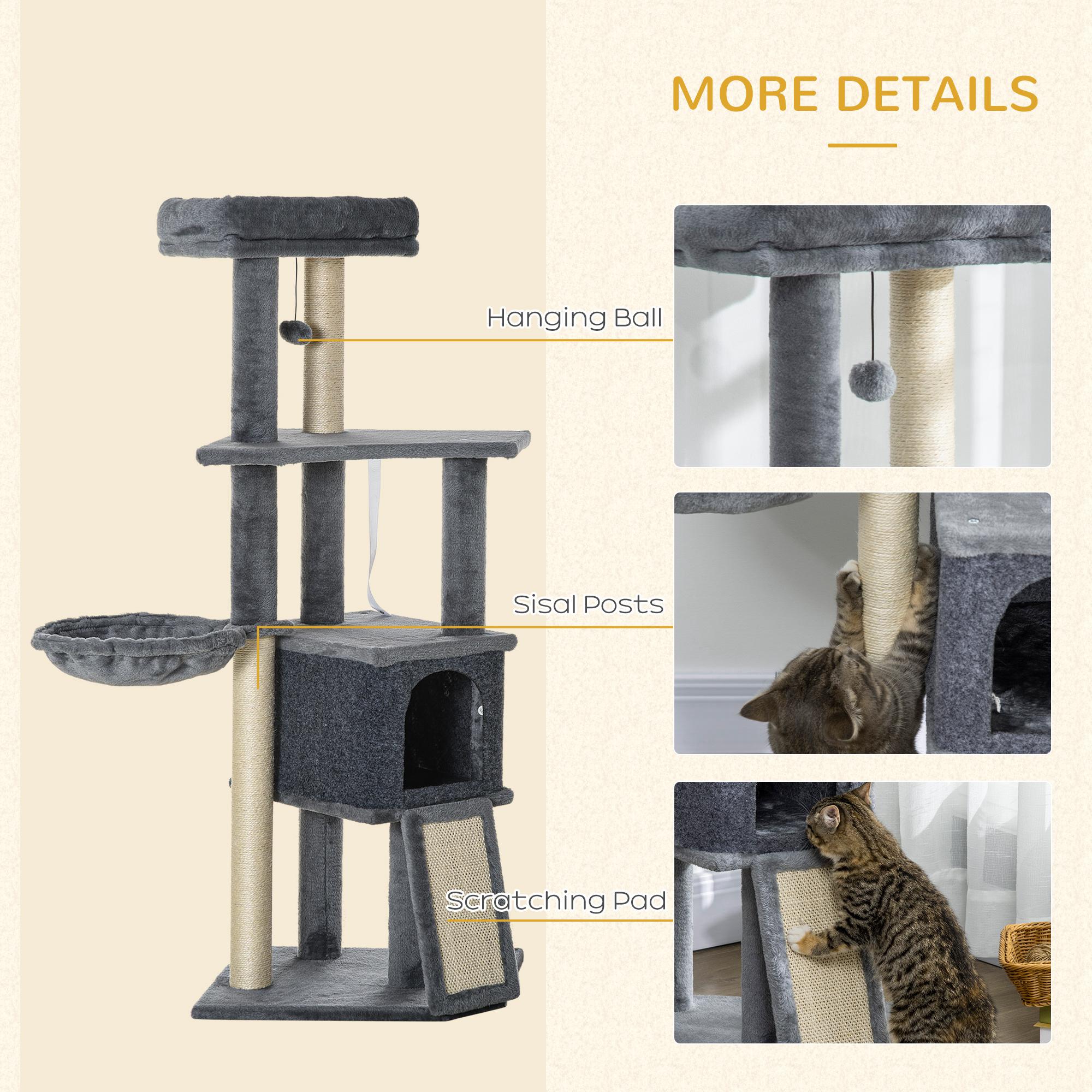 50 Inch Cat Tree, Multi-Level Cat Tower with Sisal Scratching Posts and Ramp, Bed, Condo, Hammock, Toy Ball, Grey