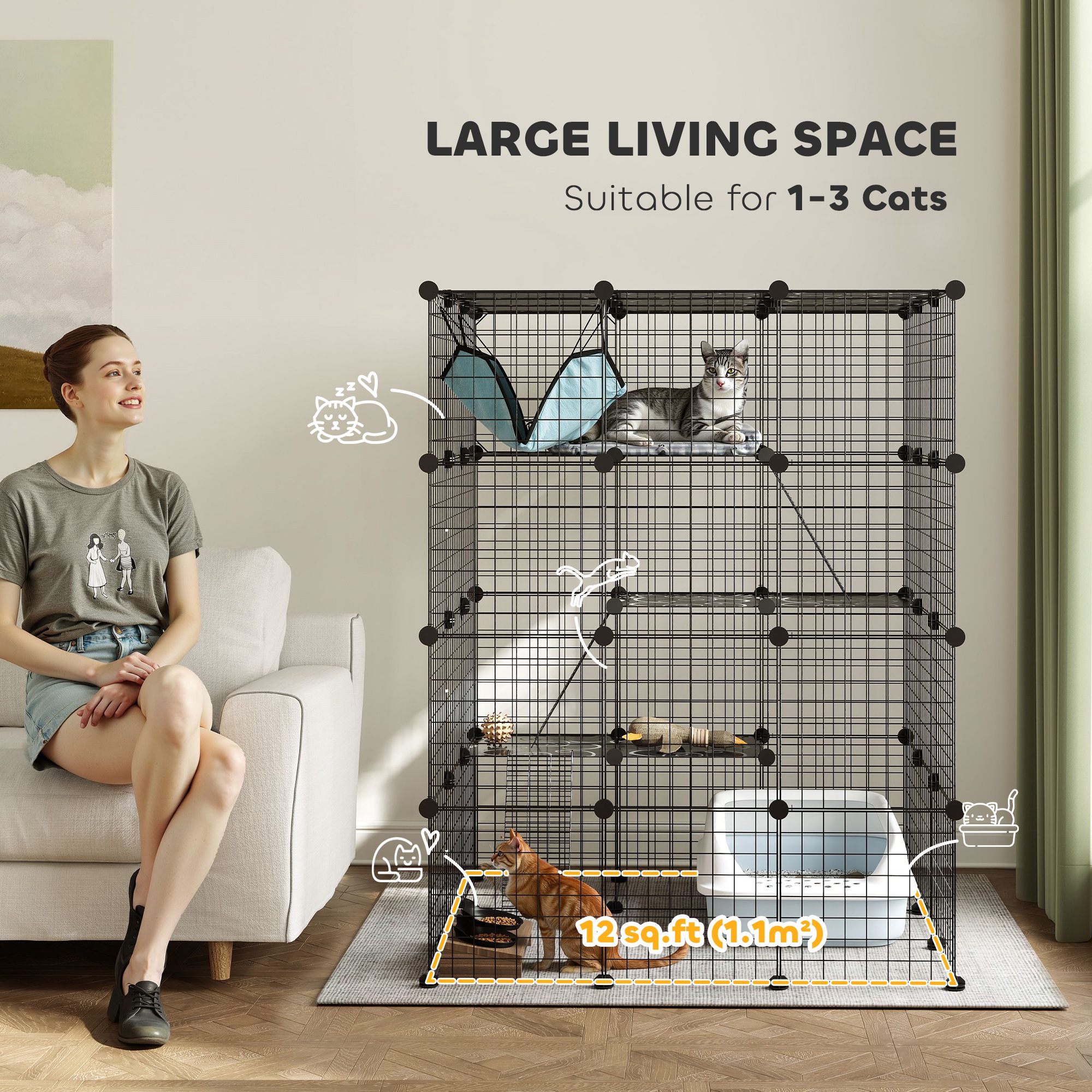 4 Tier DIY Cat Cage Indoor, Catio for 1-3 Cats with Hammock, 5 Doors, 3 Ramps, 3 Jumping Platforms, for 1-3 Cats, Black
