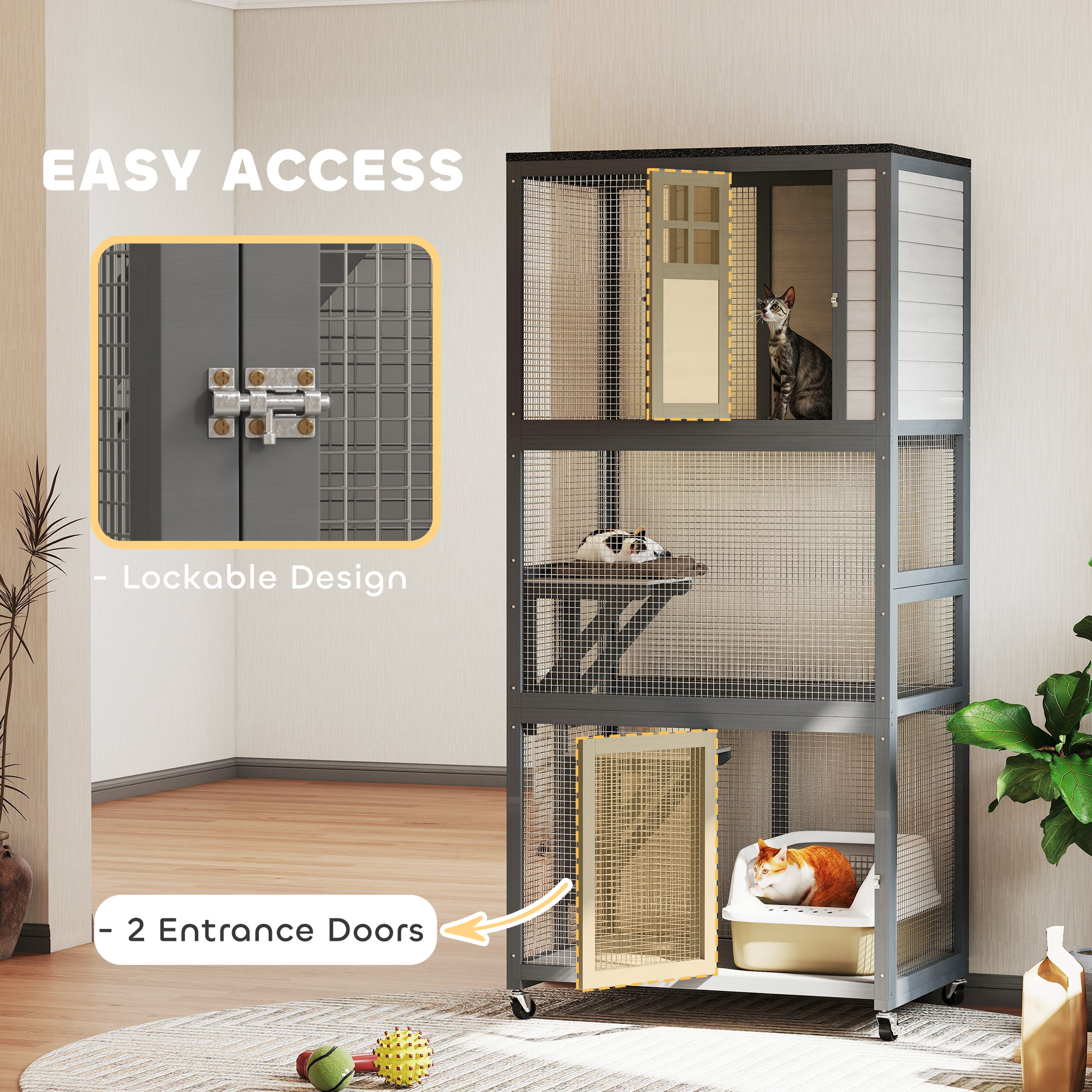 74" Wooden Outdoor Cat House Weatherproof & Wheeled with High Weight Capacity, Kitten Cage Condo, Light Grey