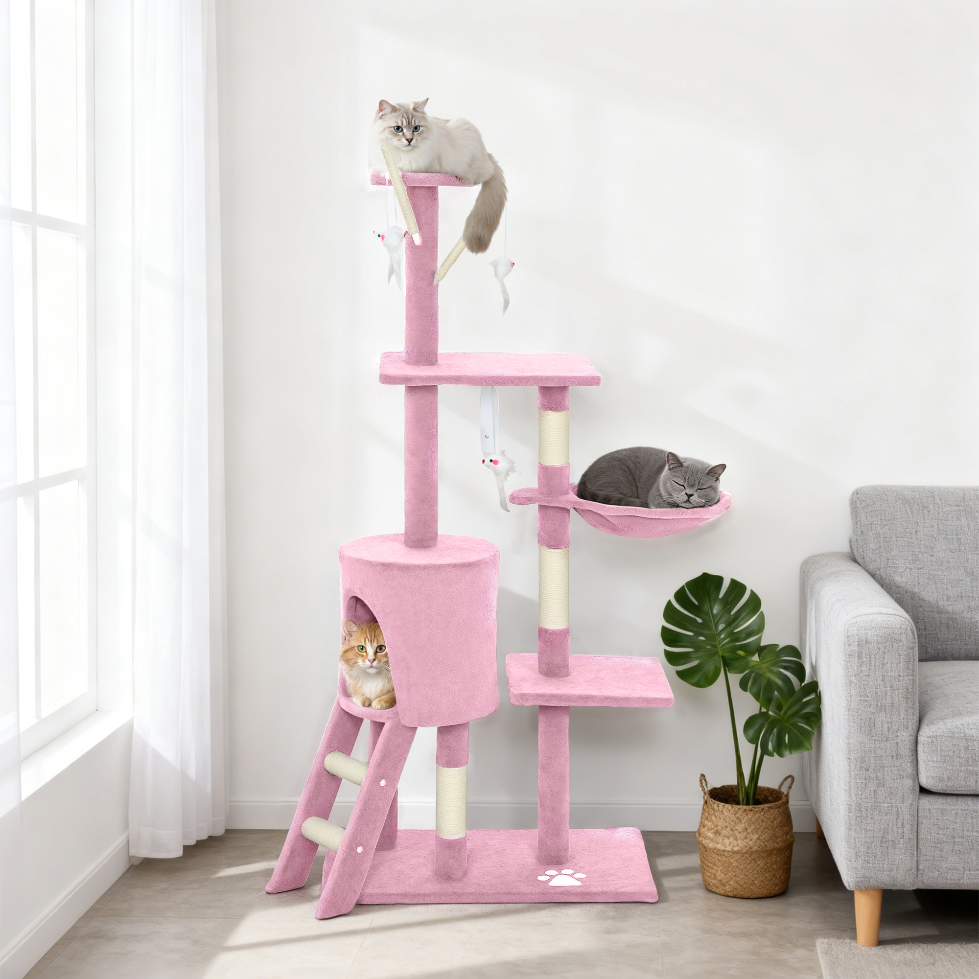53" Cat Tree Tower, Kitten Activity Centre with Scratching Posts, Condo, Perches, Ladder, Hammock, Dangling Toys, Pink