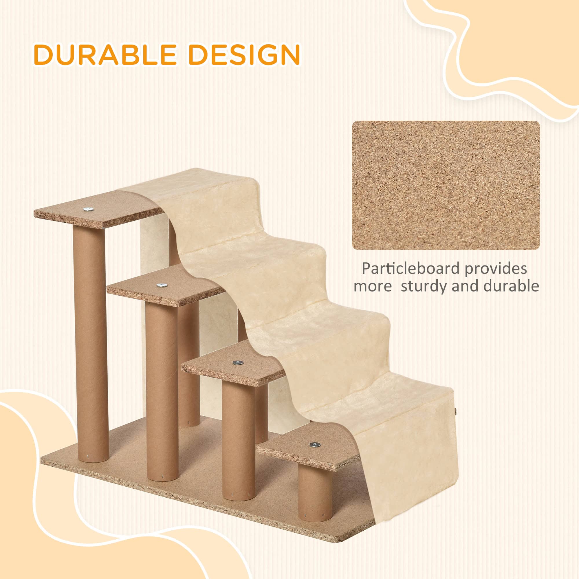 4-Step Dog Ramp for Sofa, Bed, and Couch, with Removable Cover, Beige