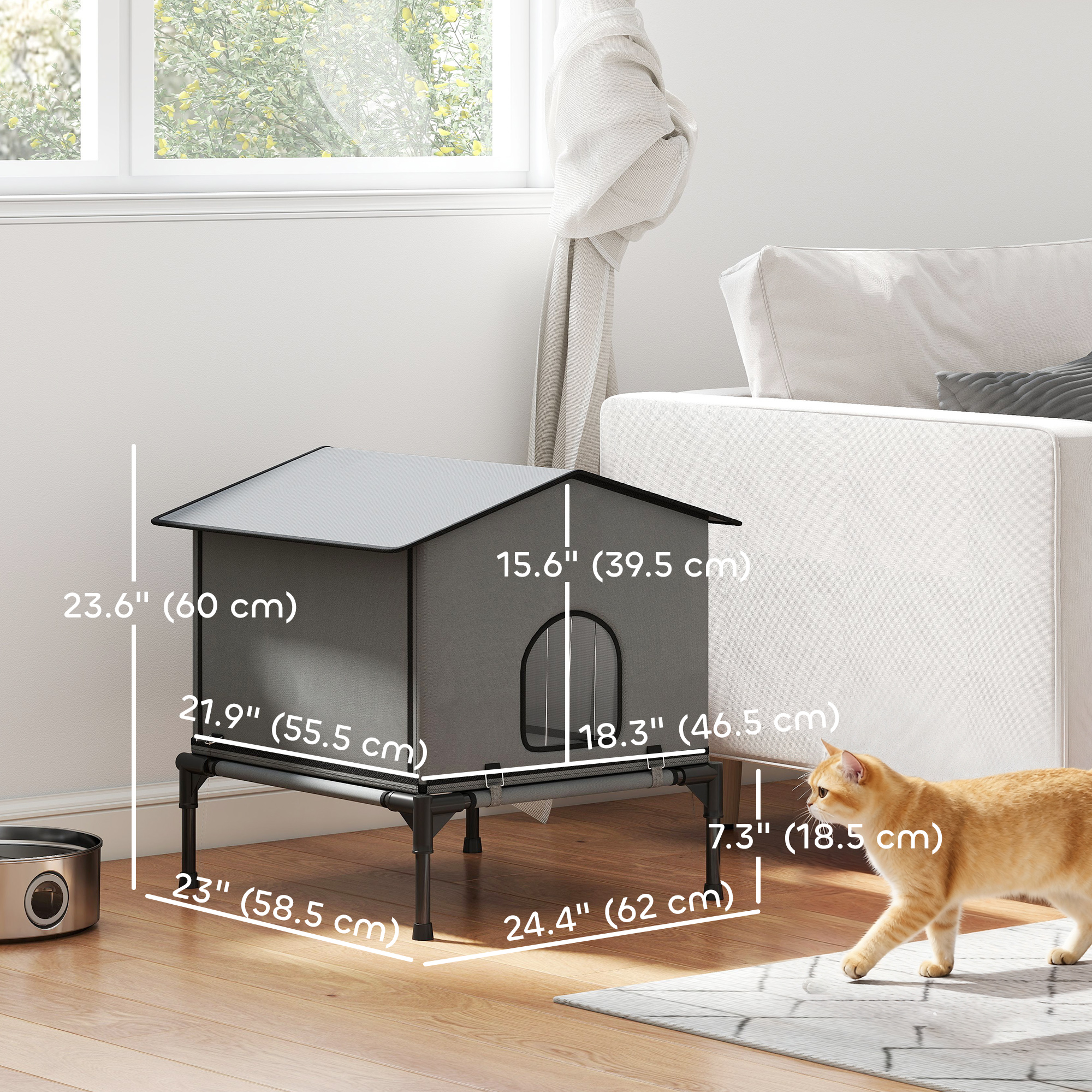 Outdoor Cat House, Waterproof Insulated Cat Kennel with Elevated Base, Foldable Feral Kitty Shelter for Kittens, Grey