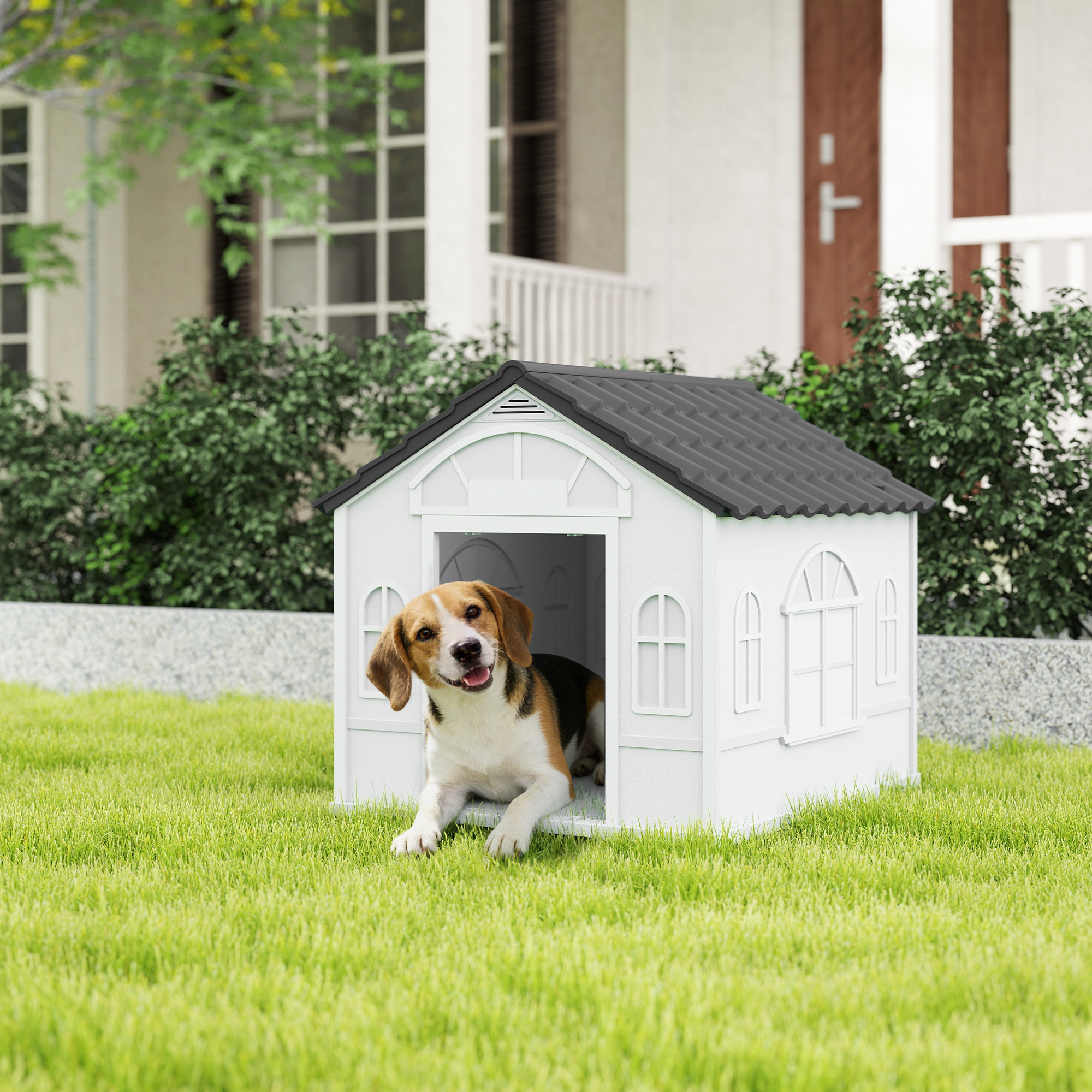 26" Plastic Dog House Outdoor with Air Vents, for Small Medium Dogs, Grey