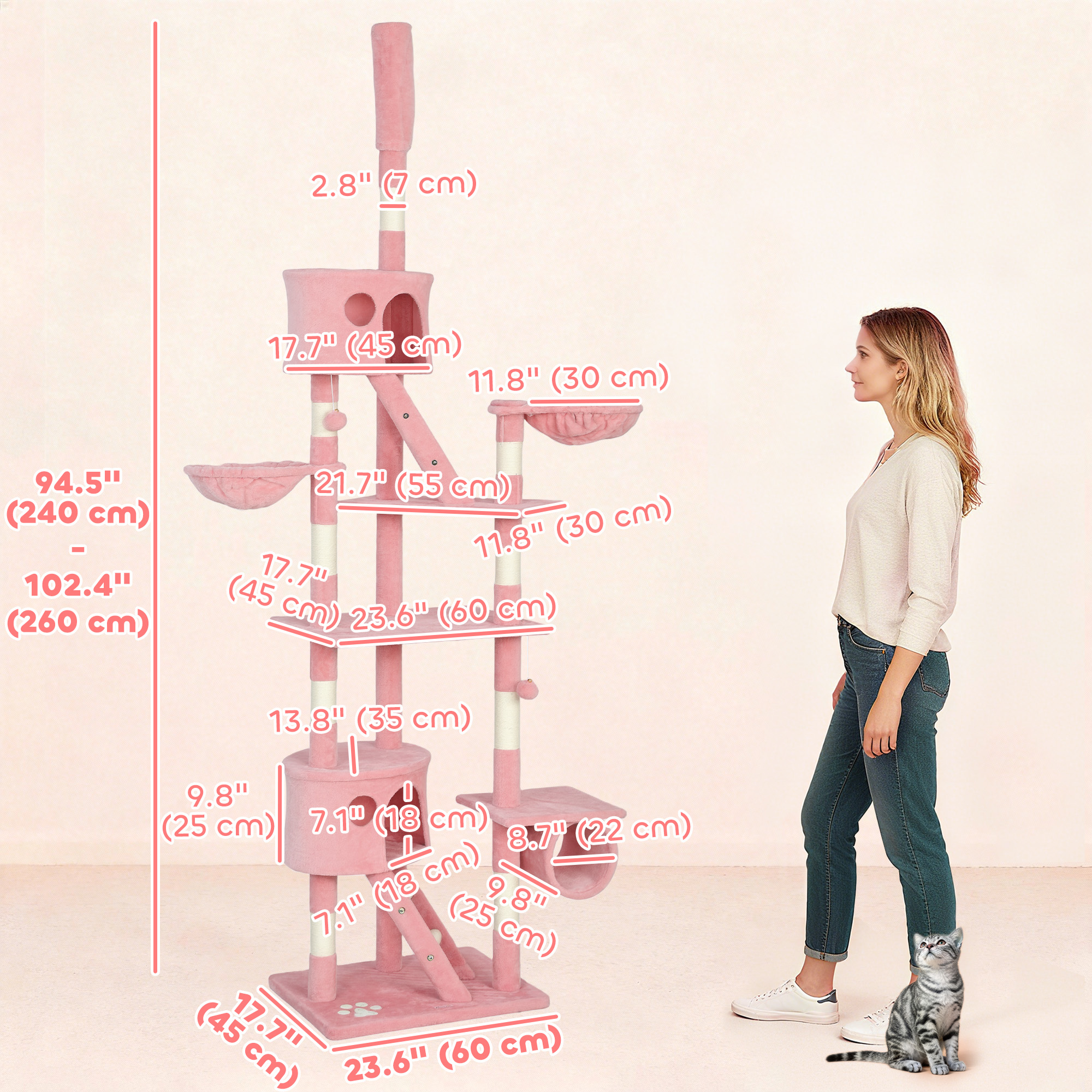 94"-102" Floor to Ceiling Cat Tree High Cat Condo Scratching Post Activity Center Multi-Level Play House Pink